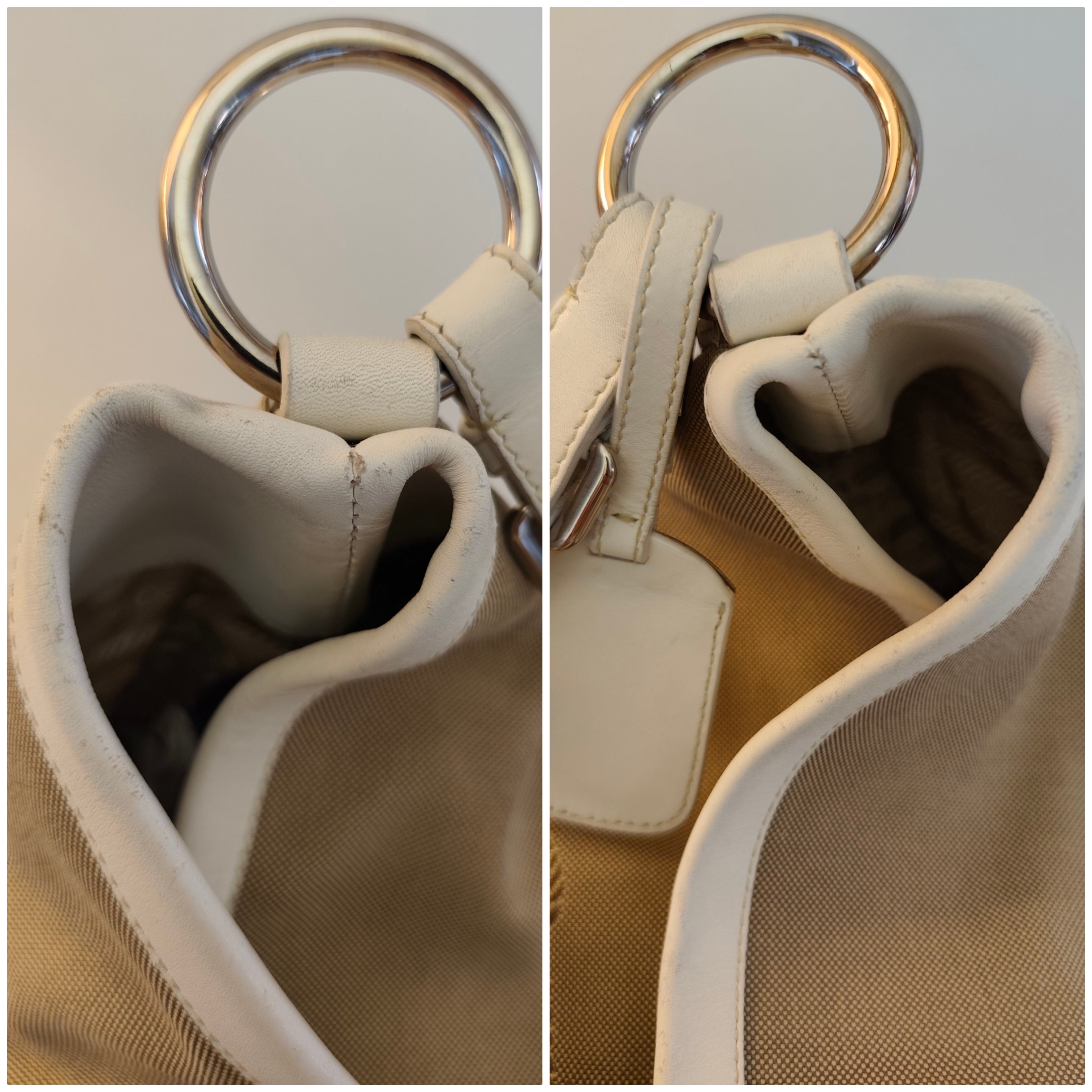 Prada – Borsa Hobo Shopper Logo Jacquard Tessuto Beige e Pelle Bianca