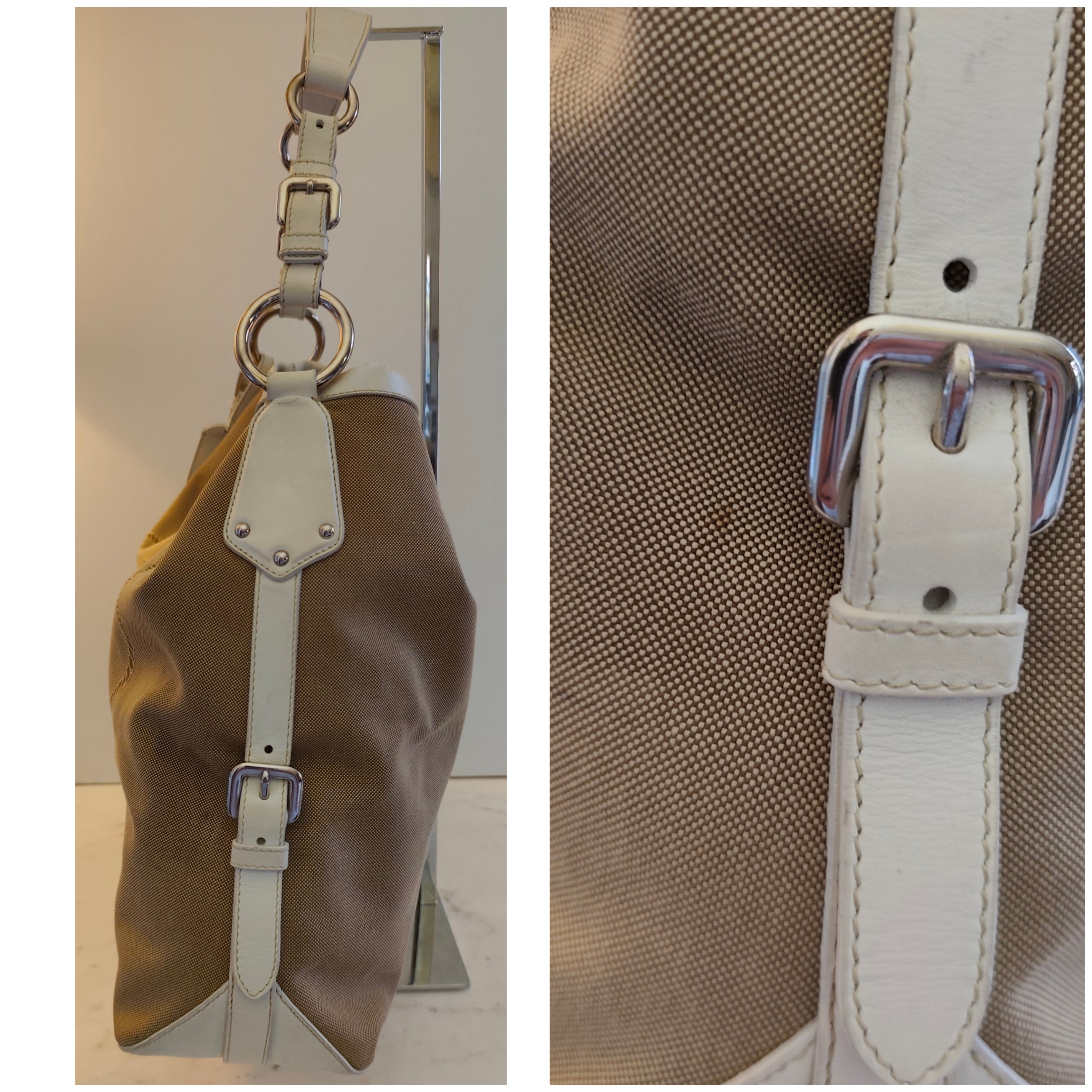 Prada – Borsa Hobo Shopper Logo Jacquard Tessuto Beige e Pelle Bianca