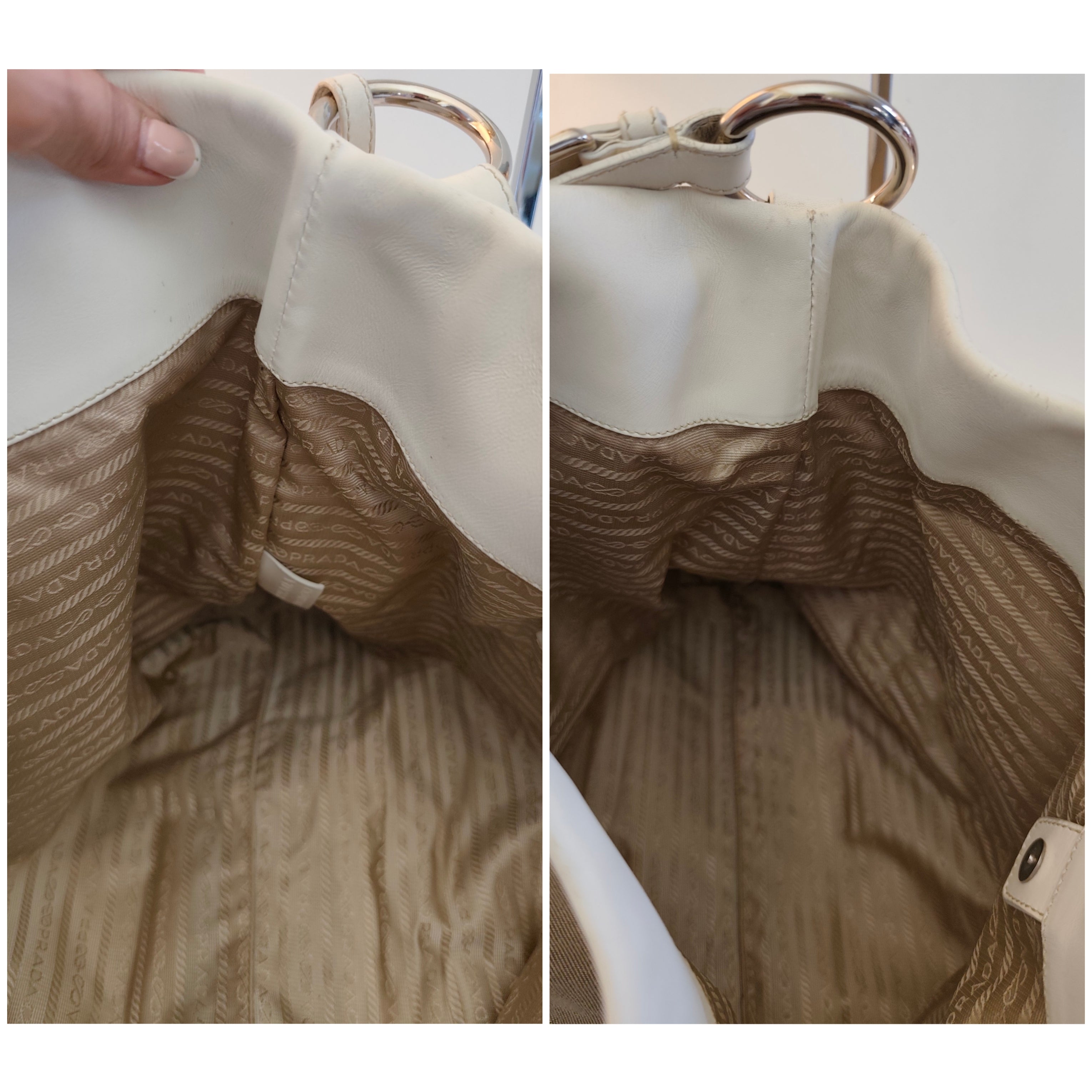 Prada – Borsa Hobo Shopper Logo Jacquard Tessuto Beige e Pelle Bianca