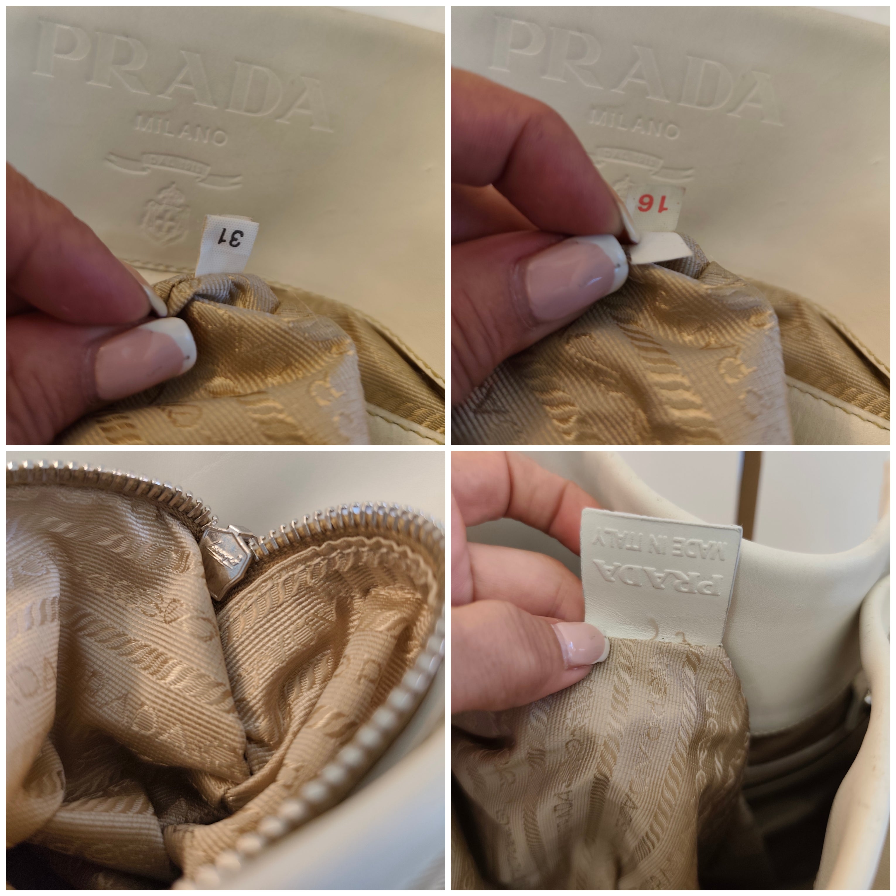 Prada – Borsa Hobo Shopper Logo Jacquard Tessuto Beige e Pelle Bianca