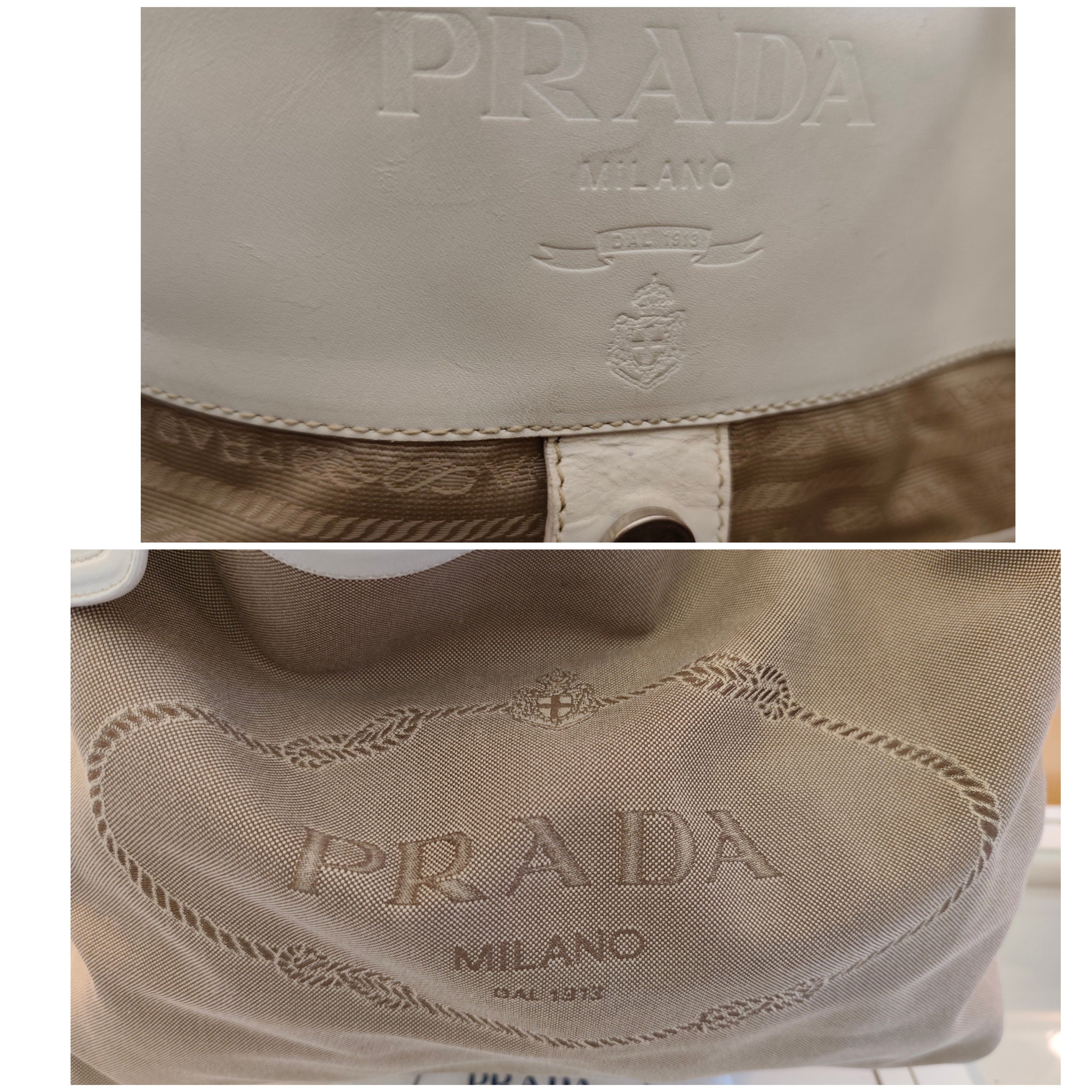 Prada – Borsa Hobo Shopper Logo Jacquard Tessuto Beige e Pelle Bianca
