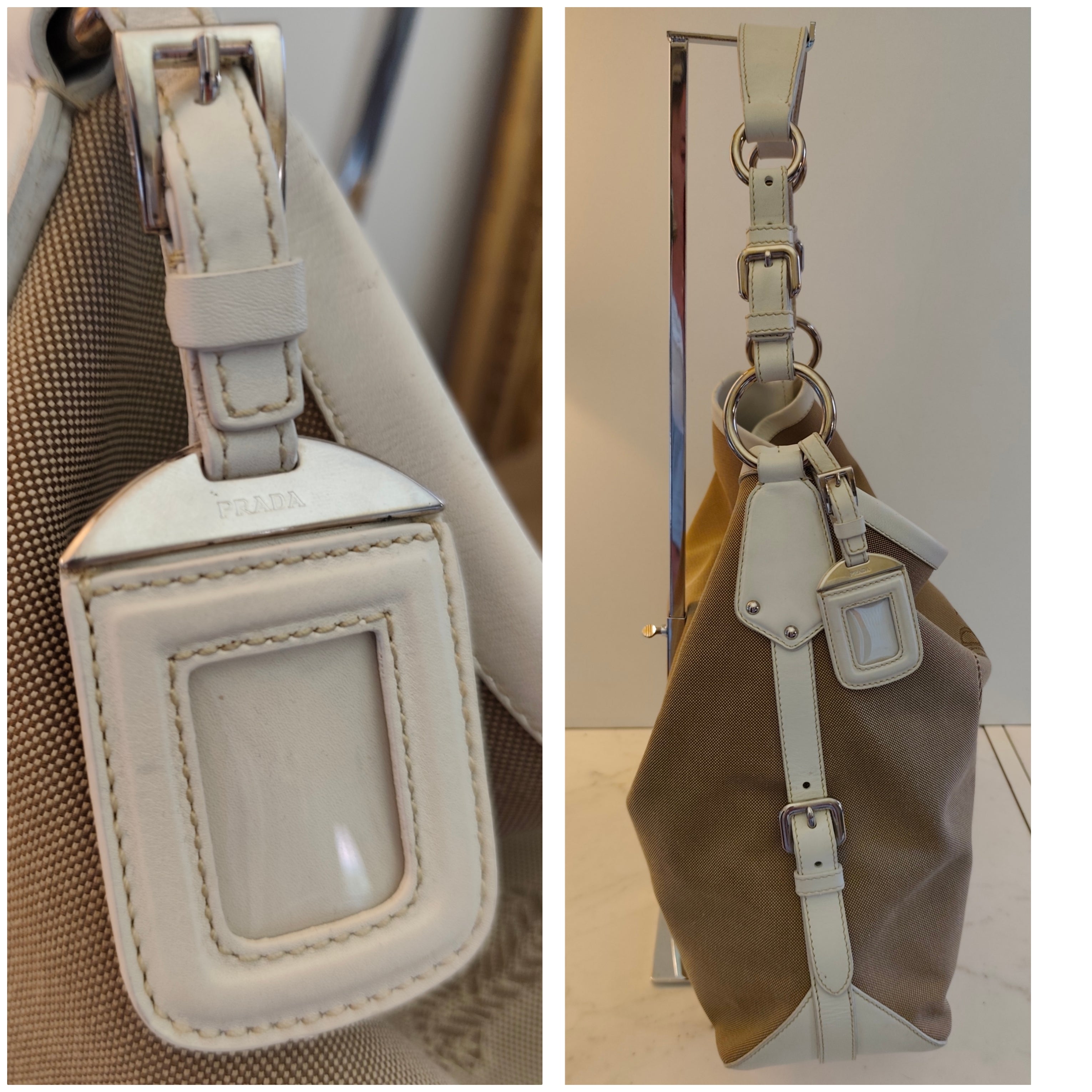 Prada – Borsa Hobo Shopper Logo Jacquard Tessuto Beige e Pelle Bianca