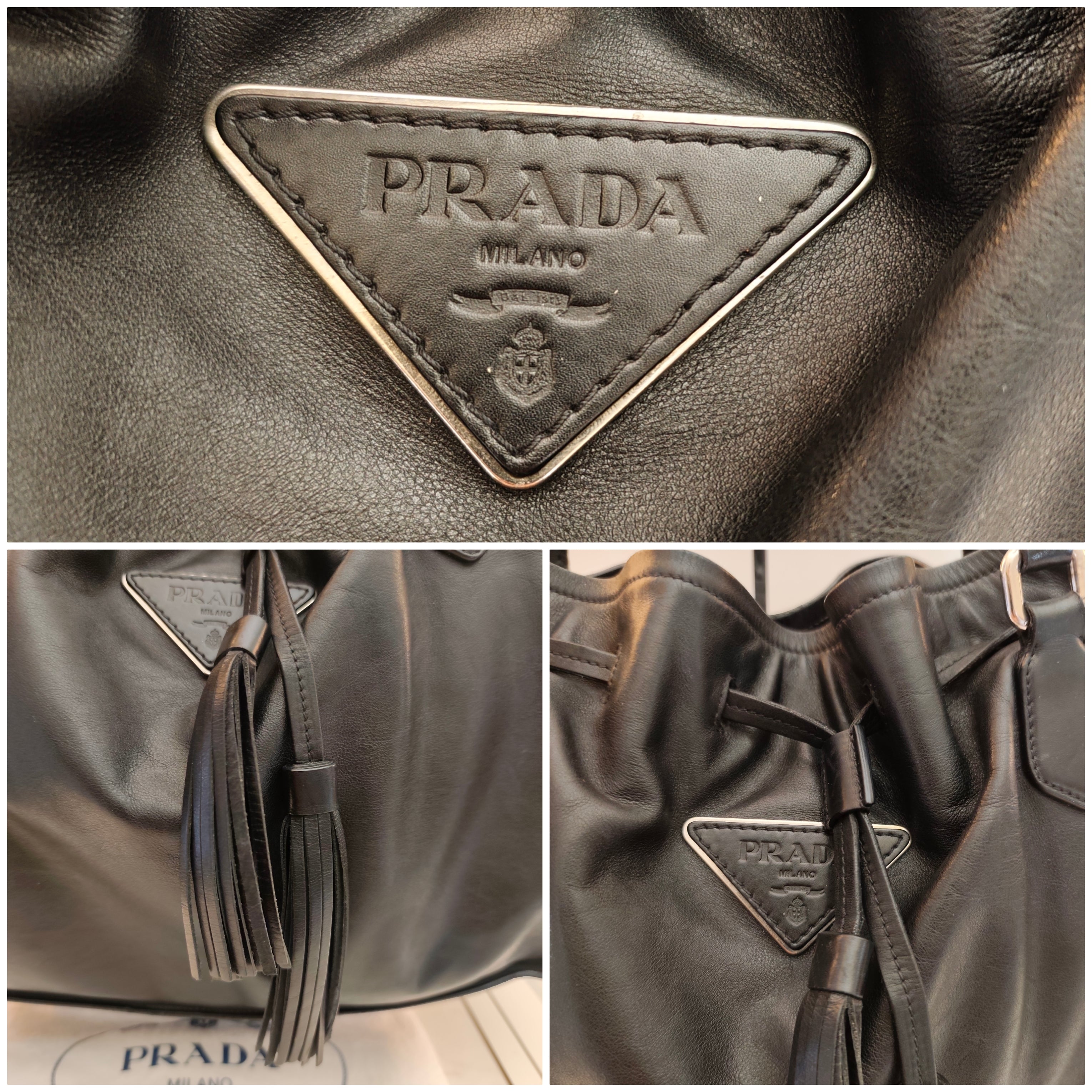 Prada - Borsa a Spalla a Sacco in Pelle Nera con Coulisse e Nappine