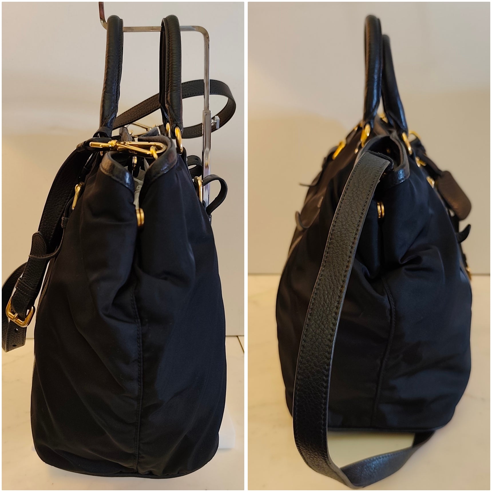 Prada - Shopper Tote Bag in Nylon Nero e Fasce in Pelle