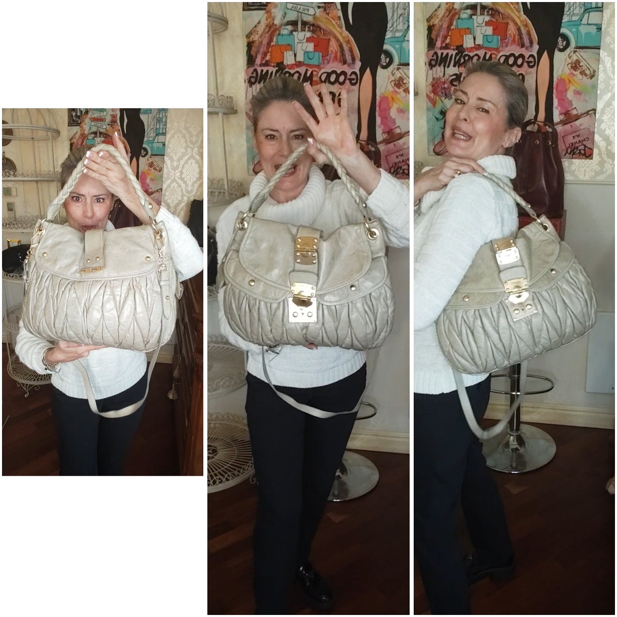 MIU MIU - Coffer Bag Borsa a Spalla in Pelle Matelassé Grigio-Beige con Tracolla Vintage