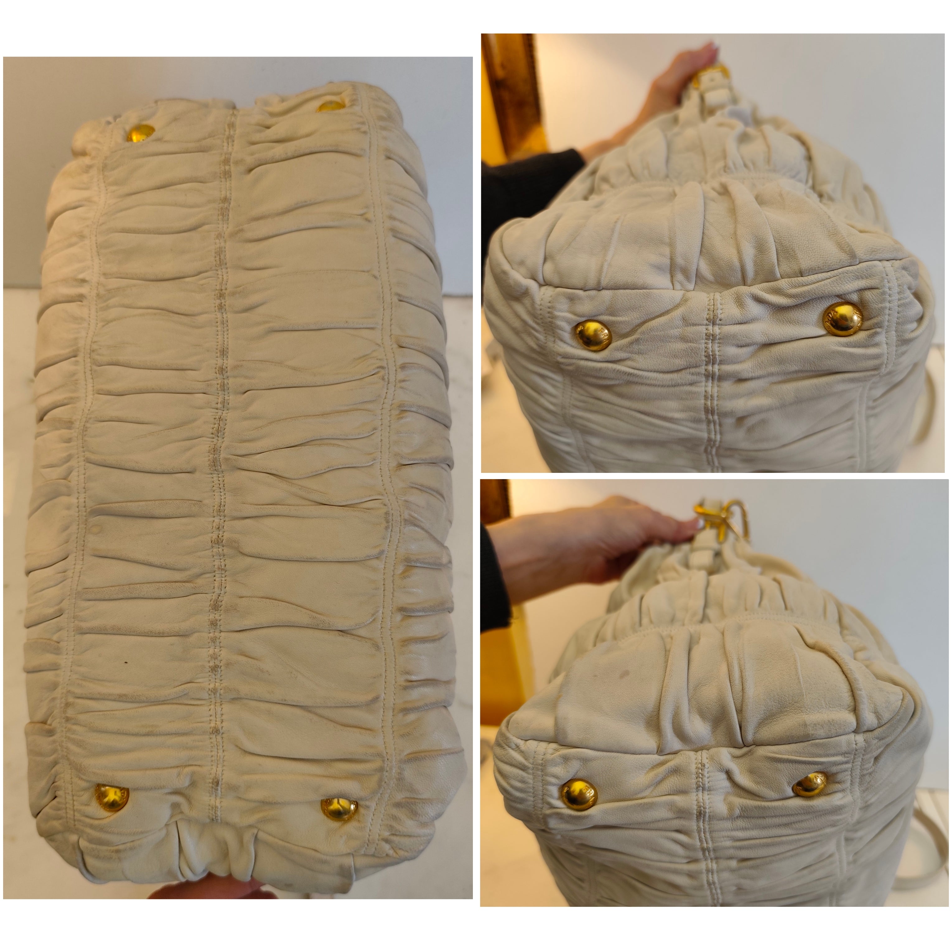 Prada - Shopper Goffrata con Tracolla in Pelle Avorio/Burro