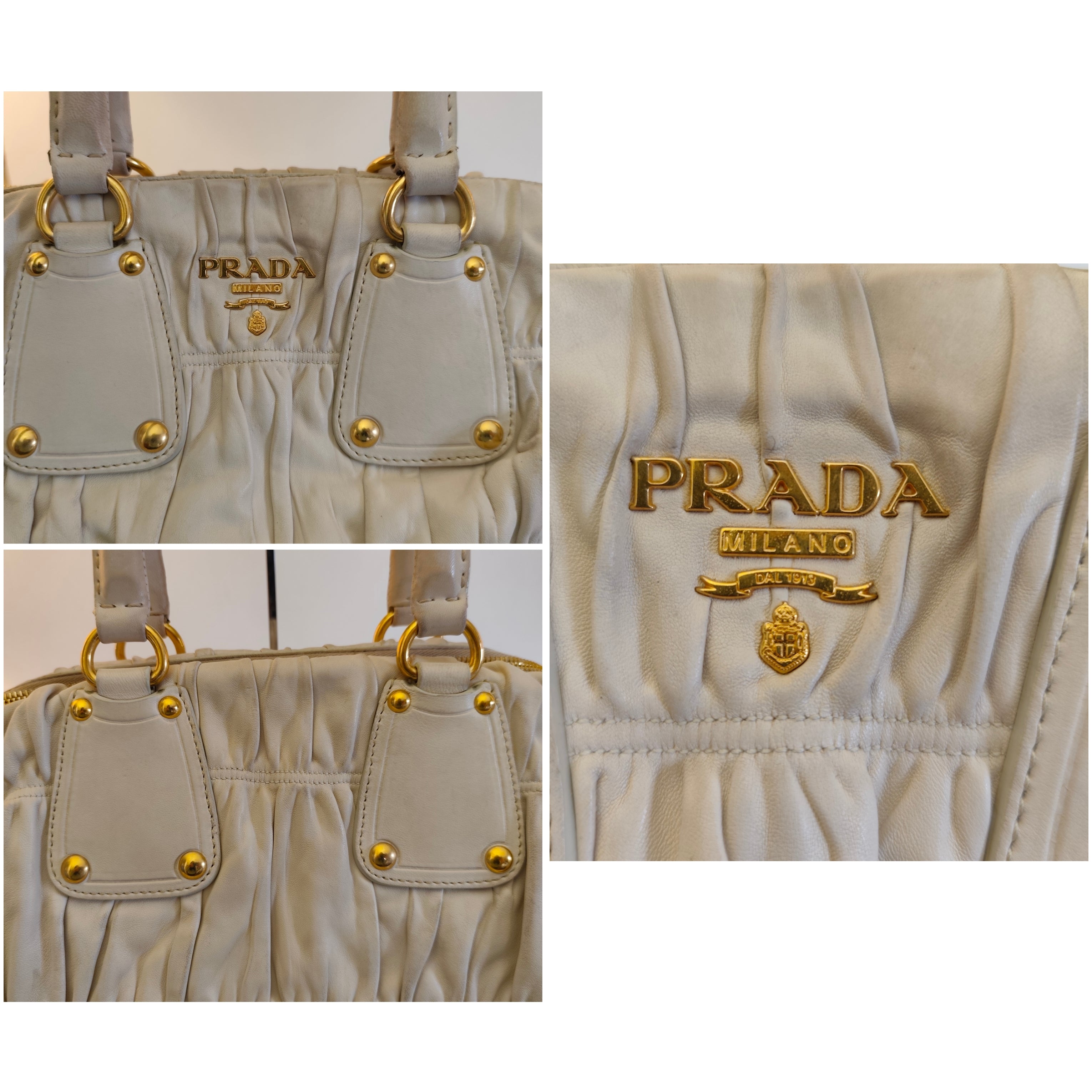 Prada - Shopper Goffrata con Tracolla in Pelle Avorio/Burro