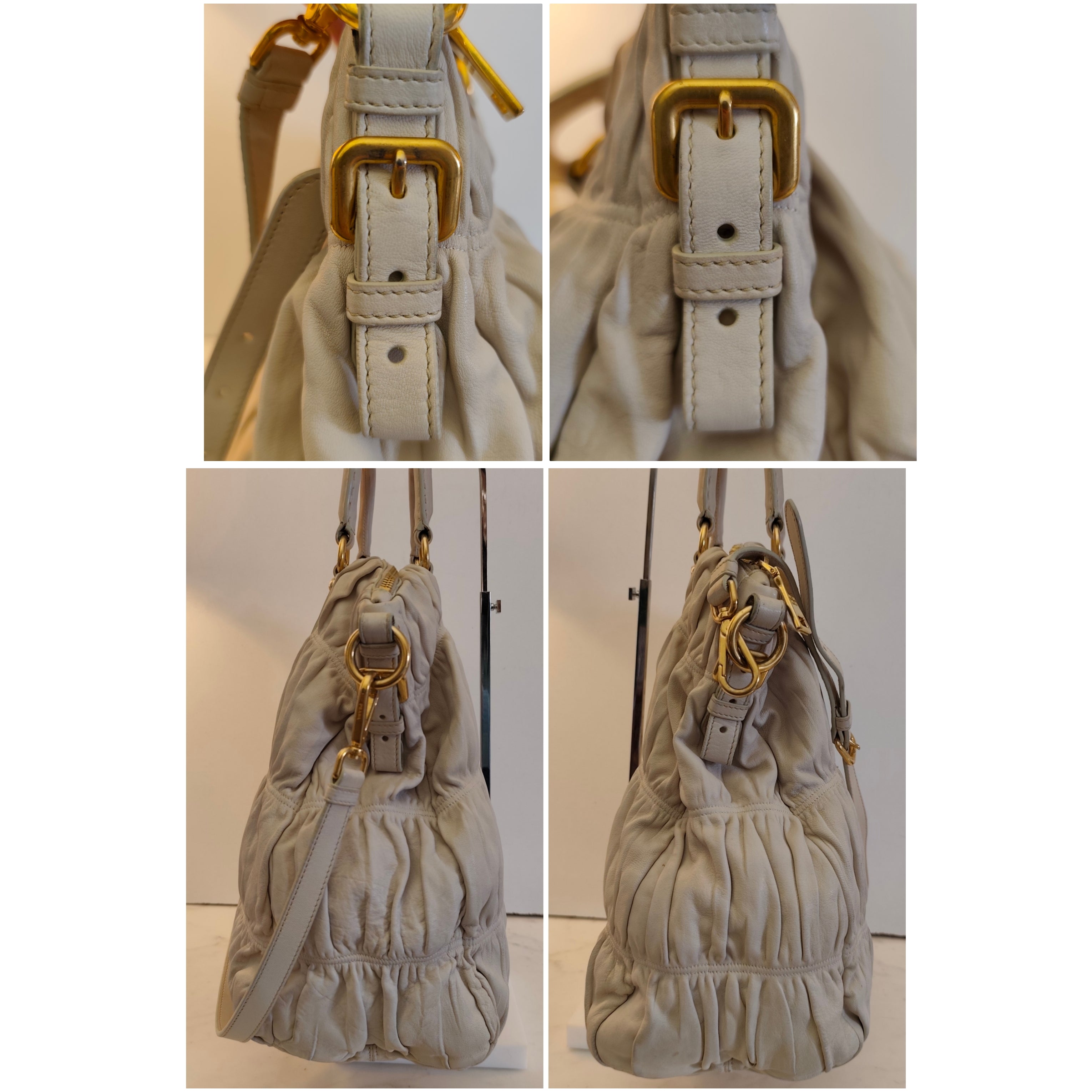 Prada - Shopper Goffrata con Tracolla in Pelle Avorio/Burro