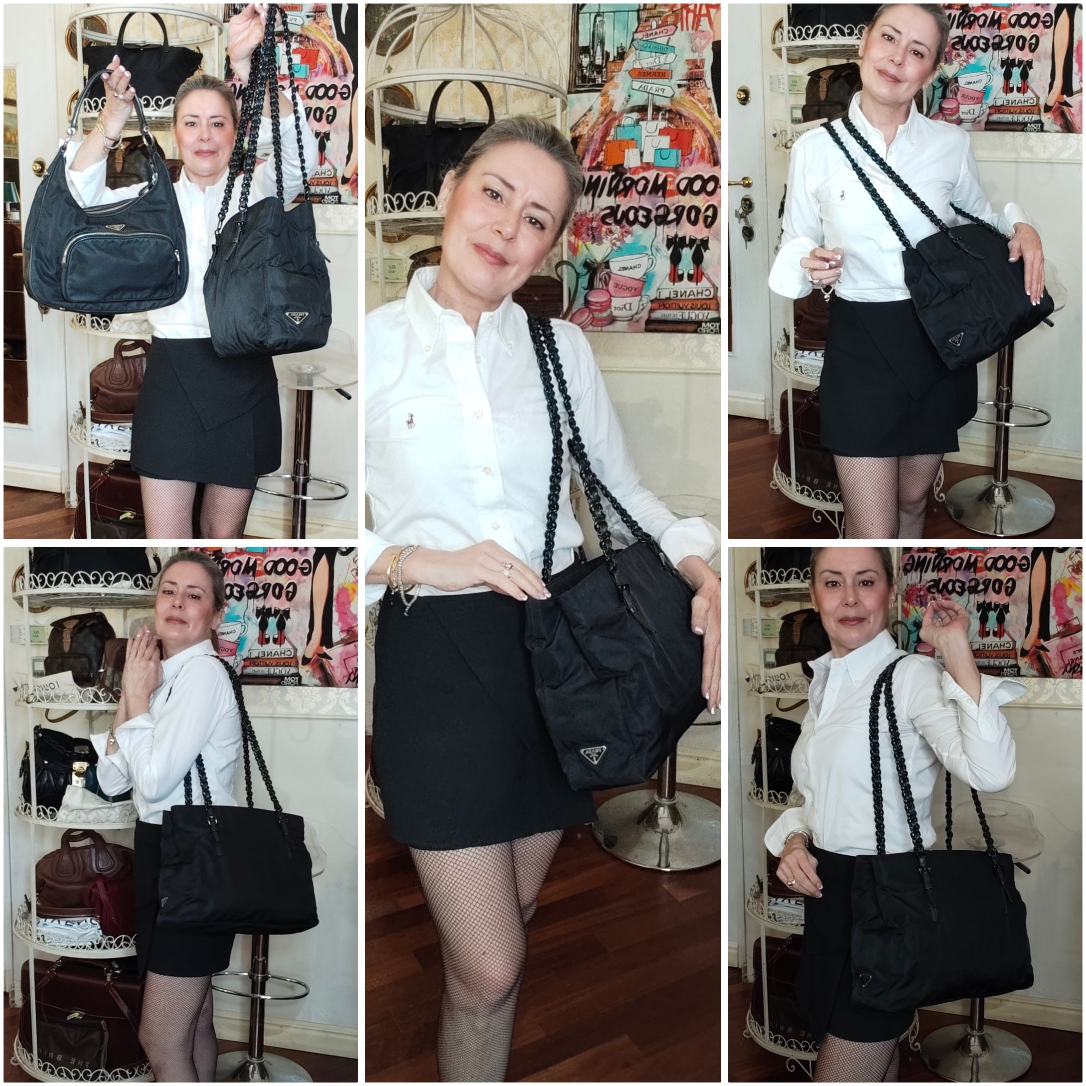 Prada - Tote a Spalla in Nylon Nero con Catene in Resina Vintage