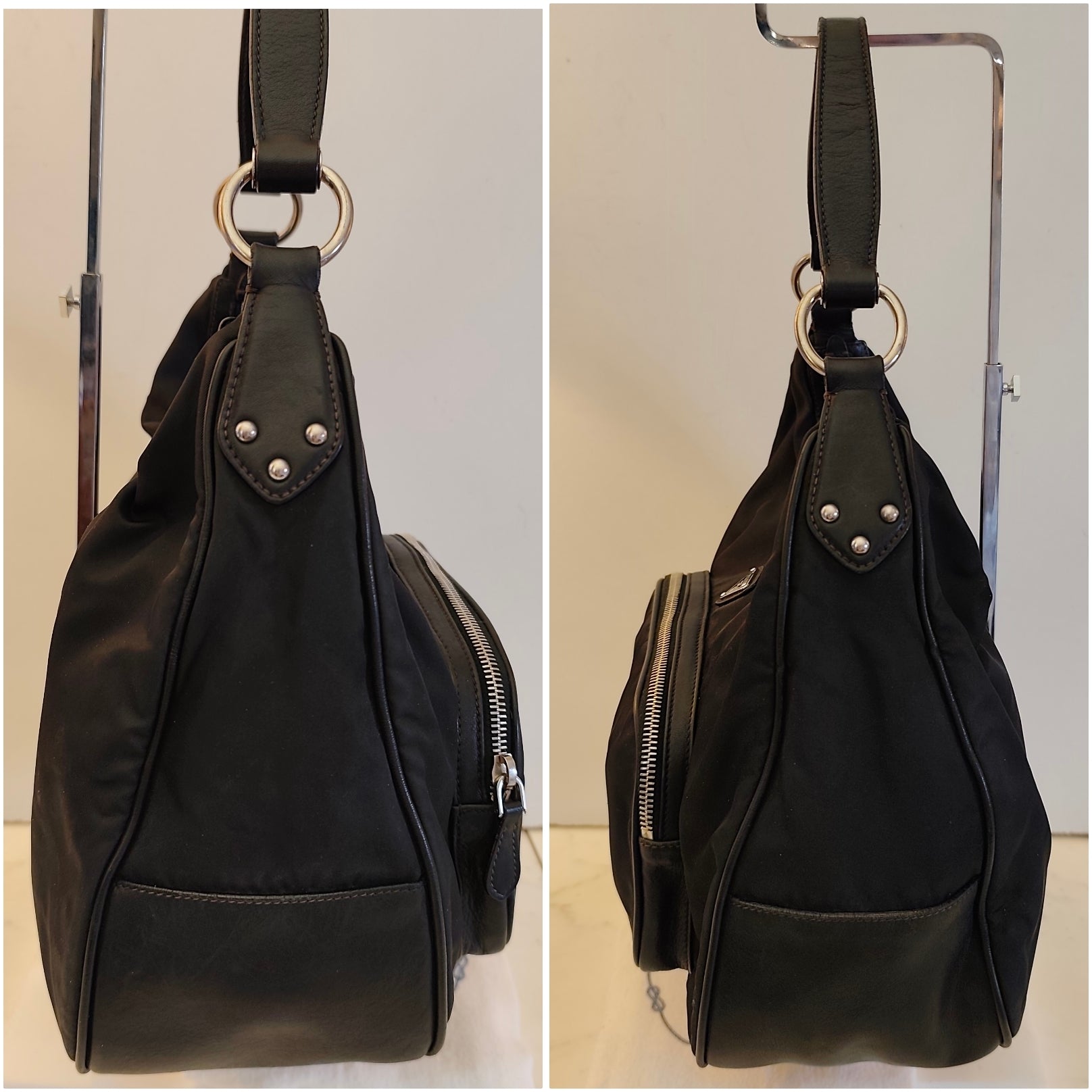 PRADA - Borsa a Spalla Hobo in Nylon e Pelle Nera