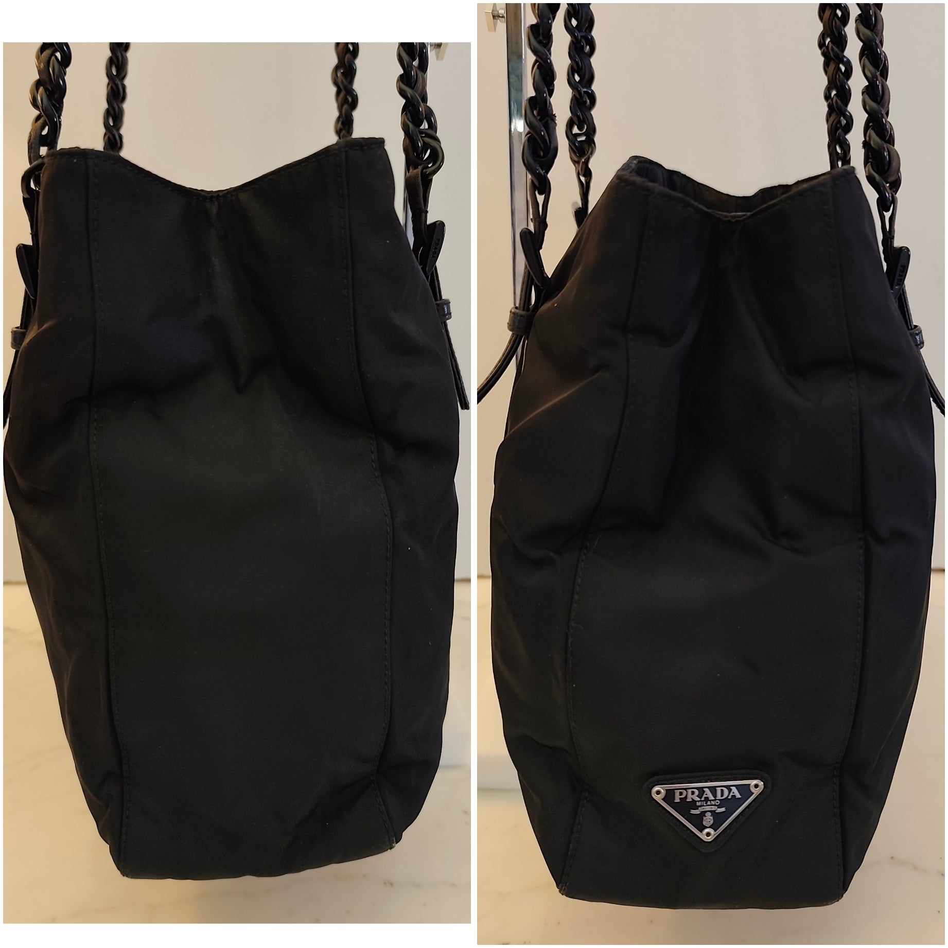 Prada - Tote a Spalla in Nylon Nero con Catene in Resina Vintage