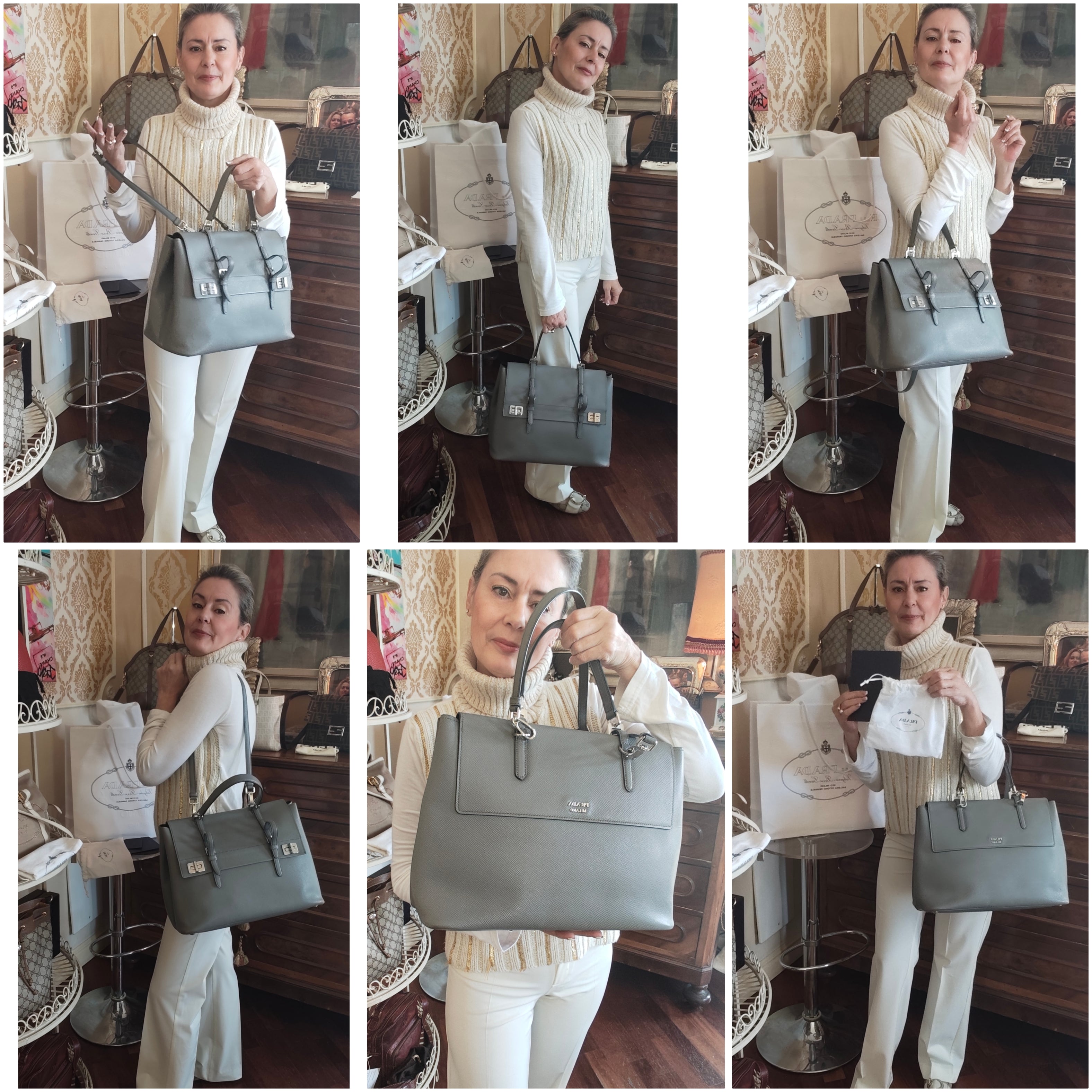 Prada - Borsa Cartella "Double Satchel" Donna in Pelle Saffiano Grigio - Full Set