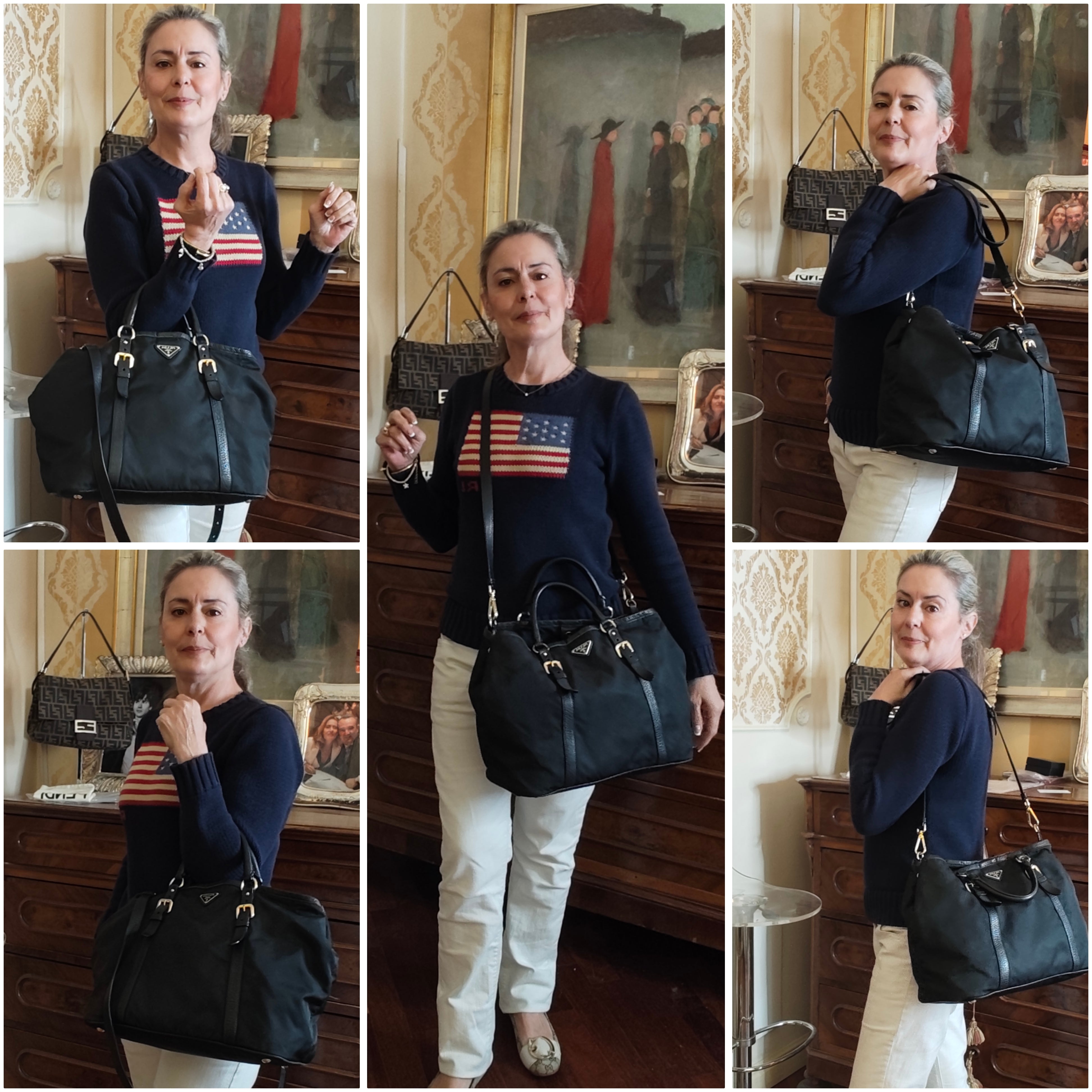 Prada - Tote Shopper in Nylon e Pelle Nera con Tracolla e Fasce in Pelle