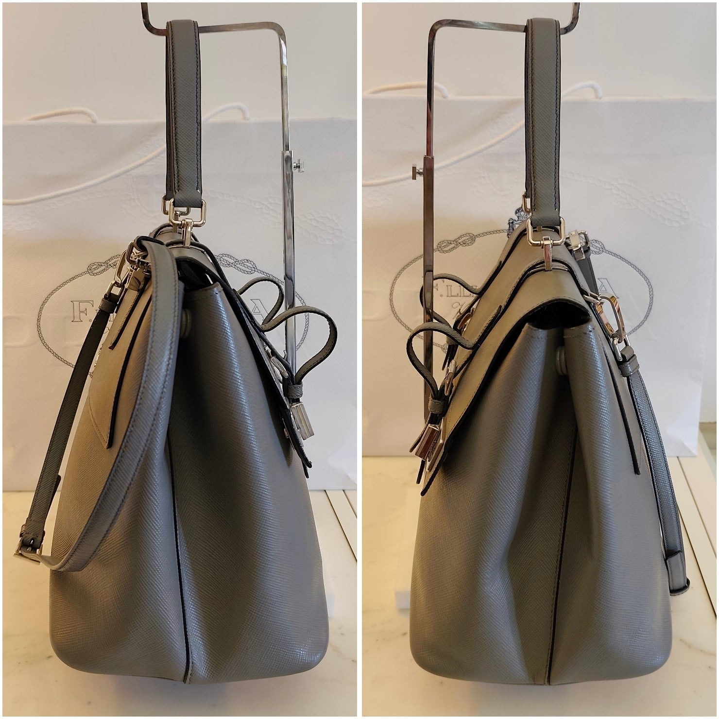 Prada - Borsa Cartella "Double Satchel" Donna in Pelle Saffiano Grigio - Full Set