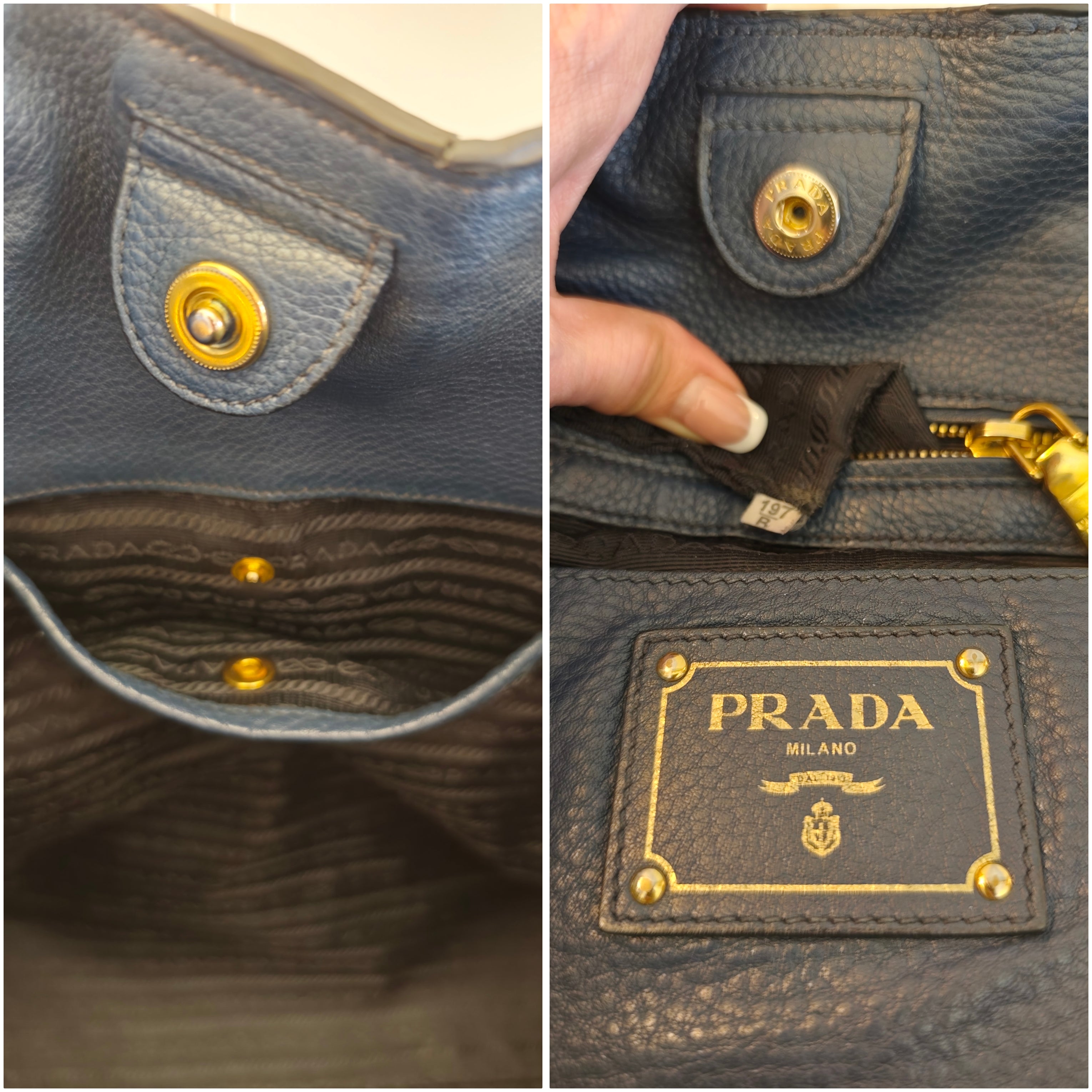 Prada - Shopper in Pelle Martellata Blu con Tracolla