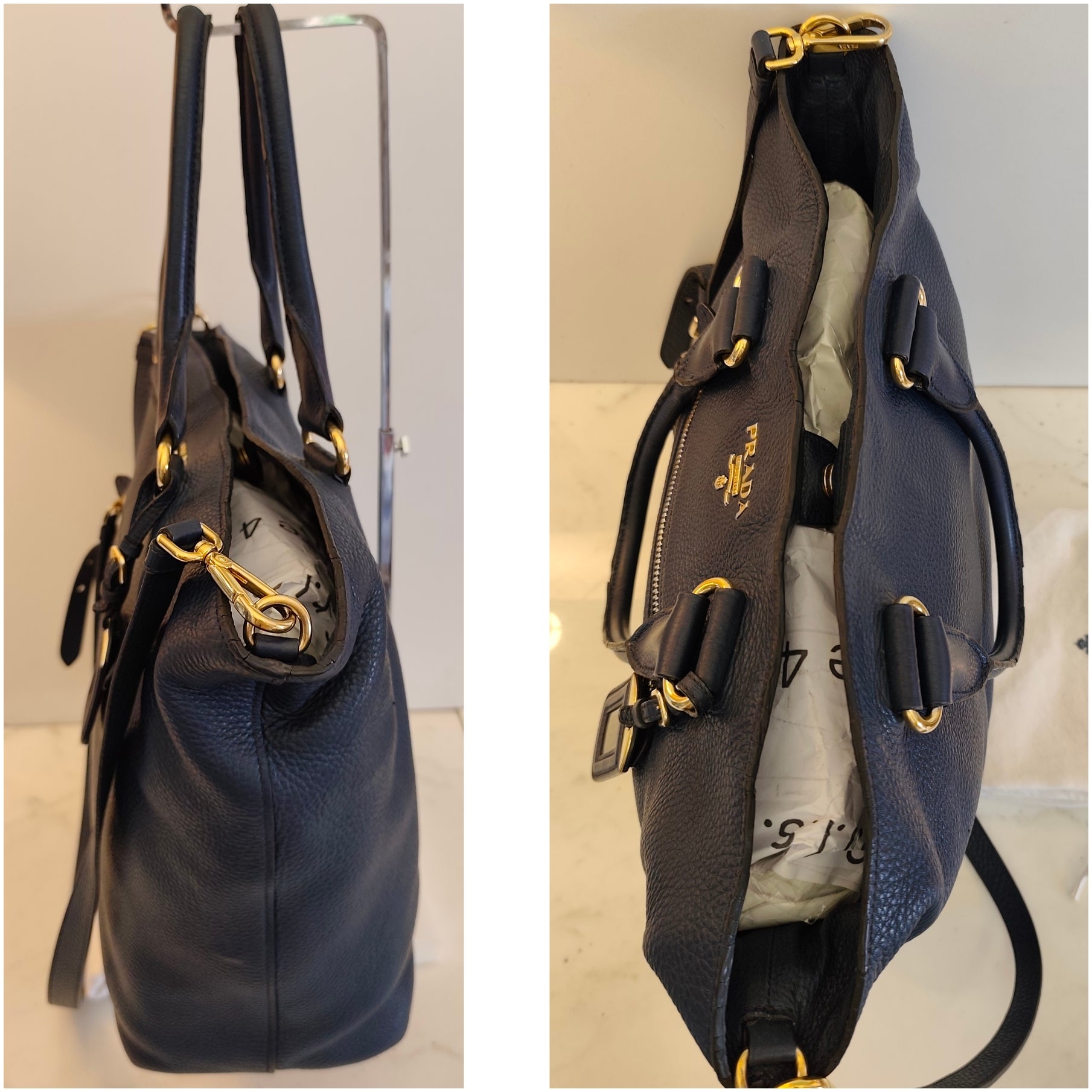 Prada - Shopper in Pelle Martellata Blu con Tracolla