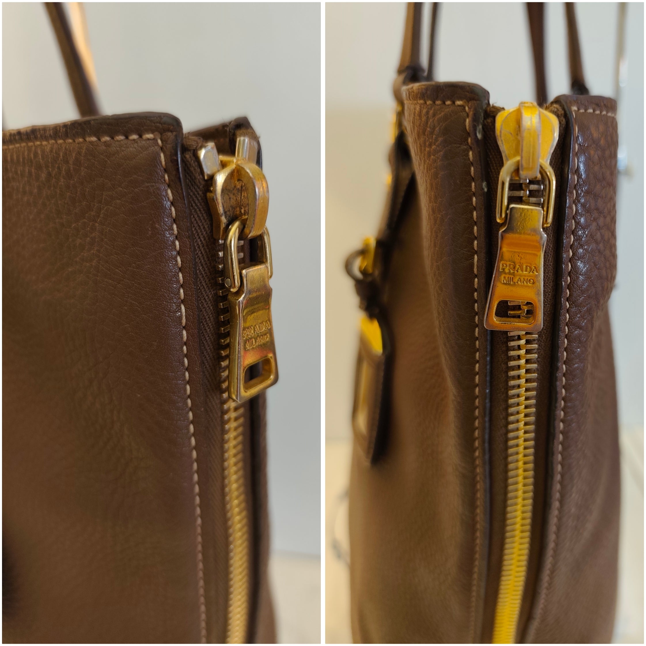 Prada - Shopper Espandibile in Pelle Martellata Cioccolato al Latte Pari al Nuovo