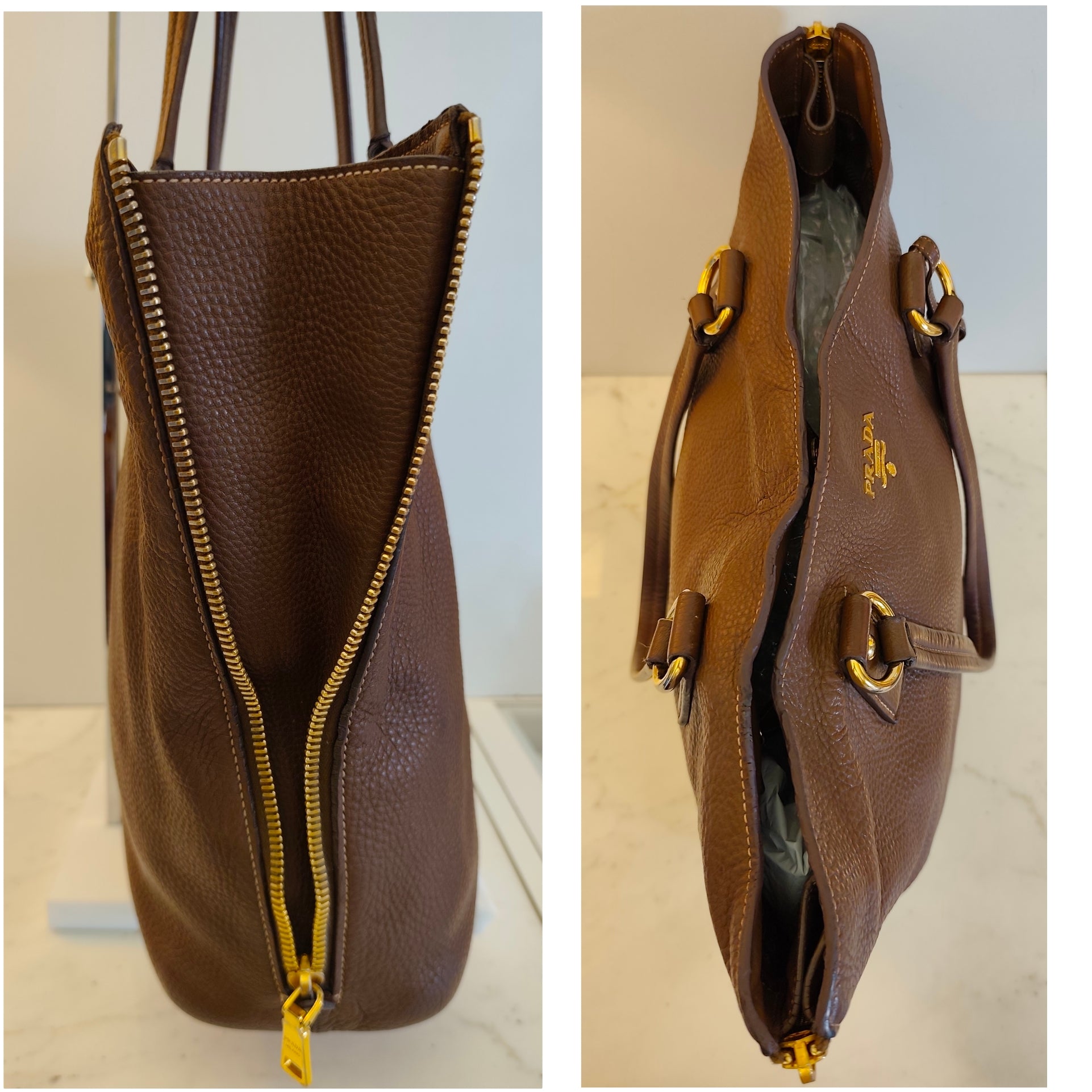 Prada - Shopper Espandibile in Pelle Martellata Cioccolato al Latte Pari al Nuovo