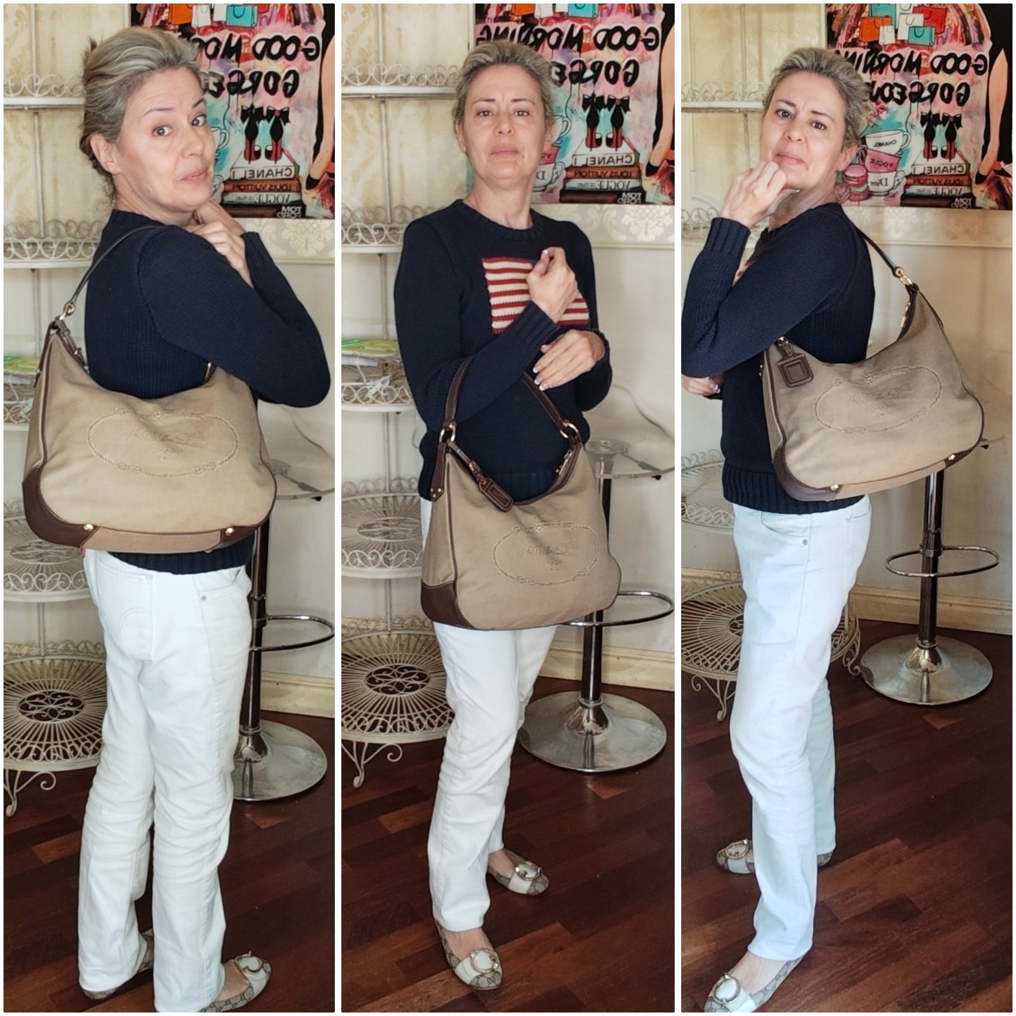 Prada – Borsa Hobo a Spalla Logo Jacquard in Canapa Beige e Pelle Marrone