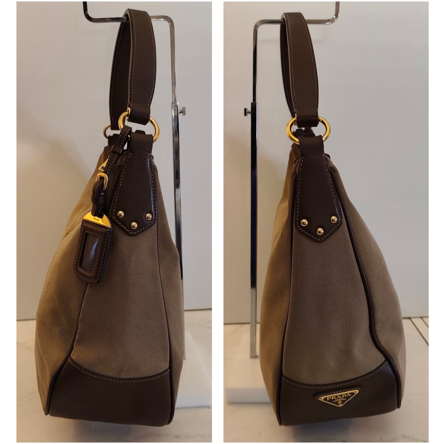 Prada – Borsa Hobo a Spalla Logo Jacquard in Canapa Beige e Pelle Marrone