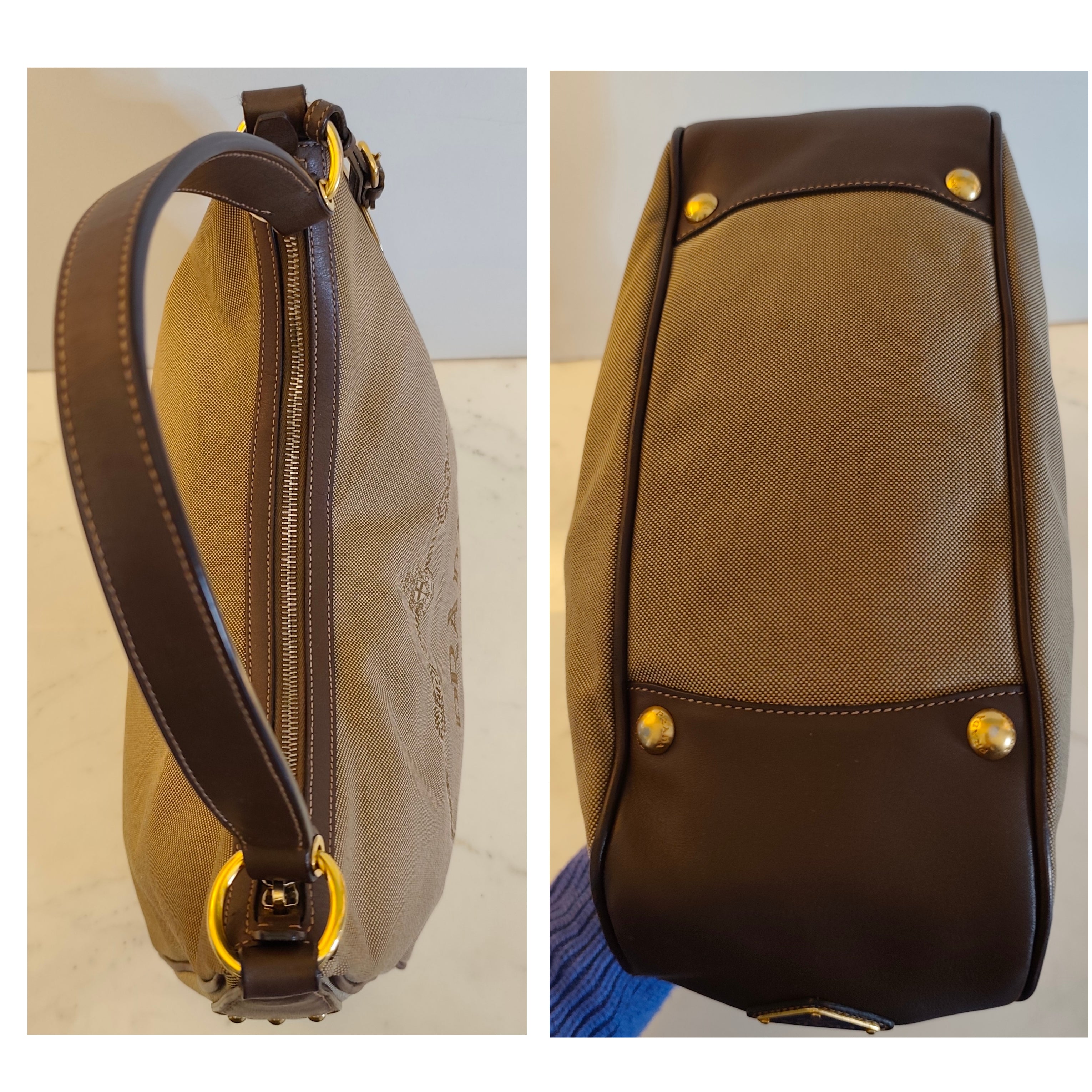 Prada – Borsa Hobo a Spalla Logo Jacquard in Canapa Beige e Pelle Marrone