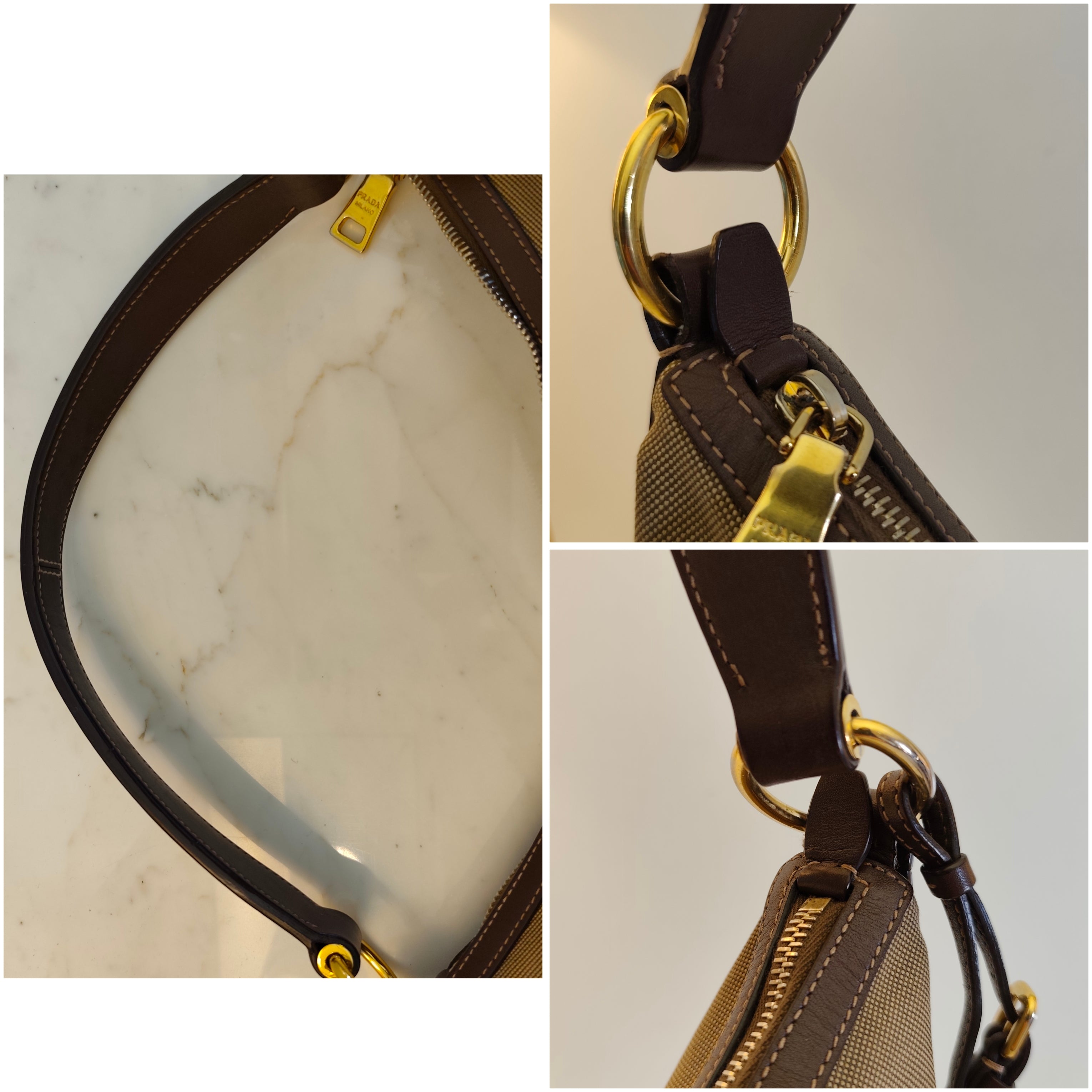 Prada – Borsa Hobo a Spalla Logo Jacquard in Canapa Beige e Pelle Marrone