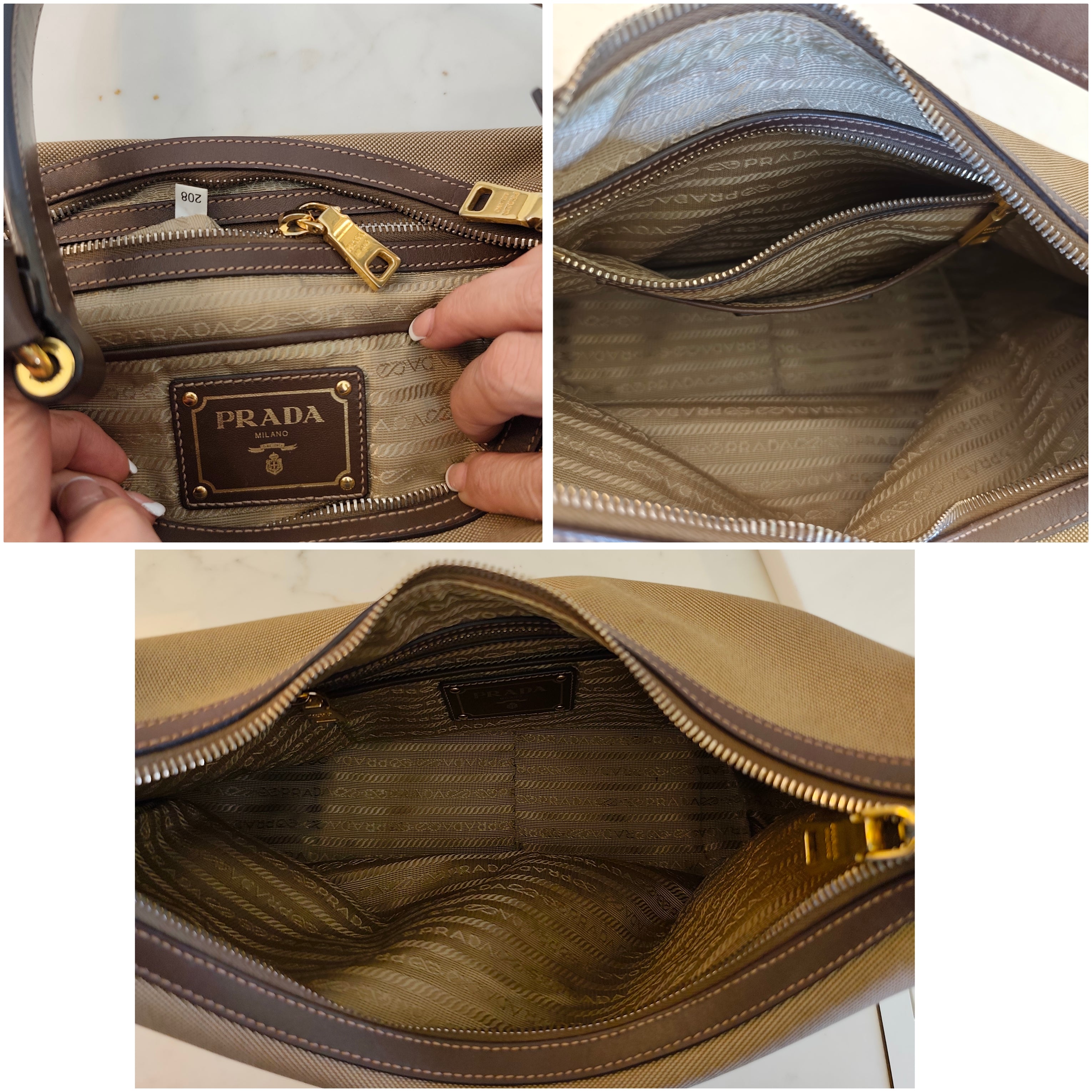 Prada – Borsa Hobo a Spalla Logo Jacquard in Canapa Beige e Pelle Marrone