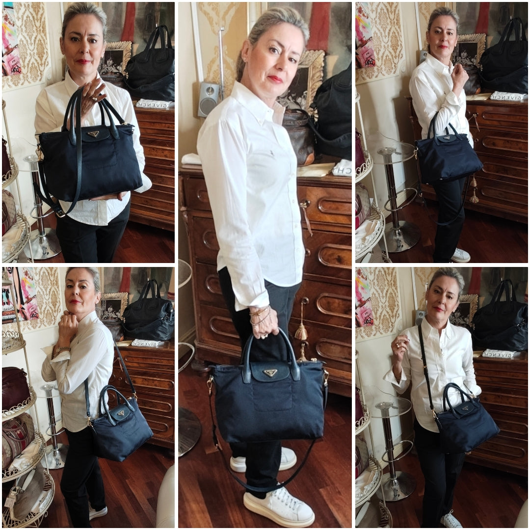 Prada - Tote Shopper con Tracolla Re-Nylon Blu Diplomatico