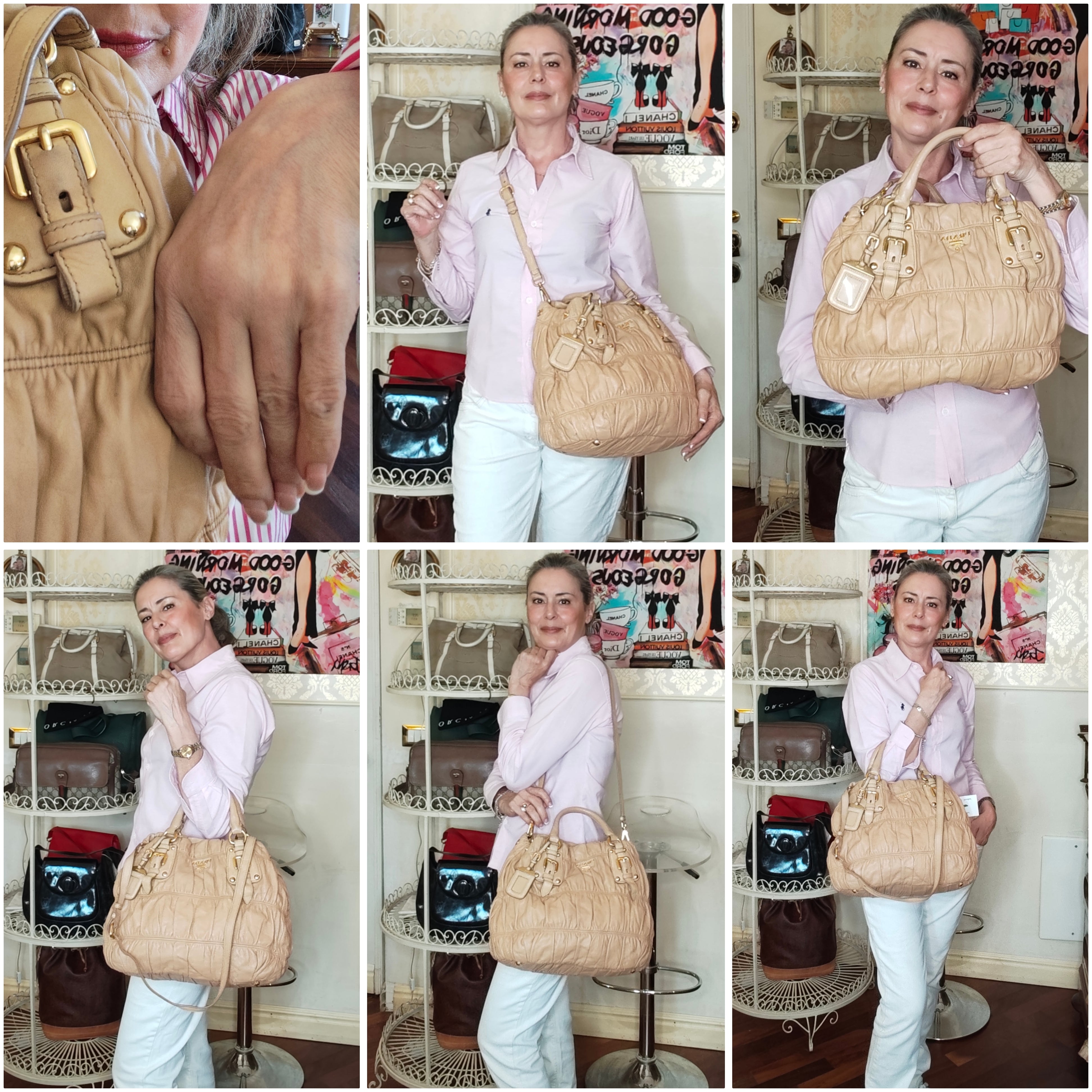 Prada - Shopper Matelassé/Goffrata con Tracolla in Pelle Colore Nude