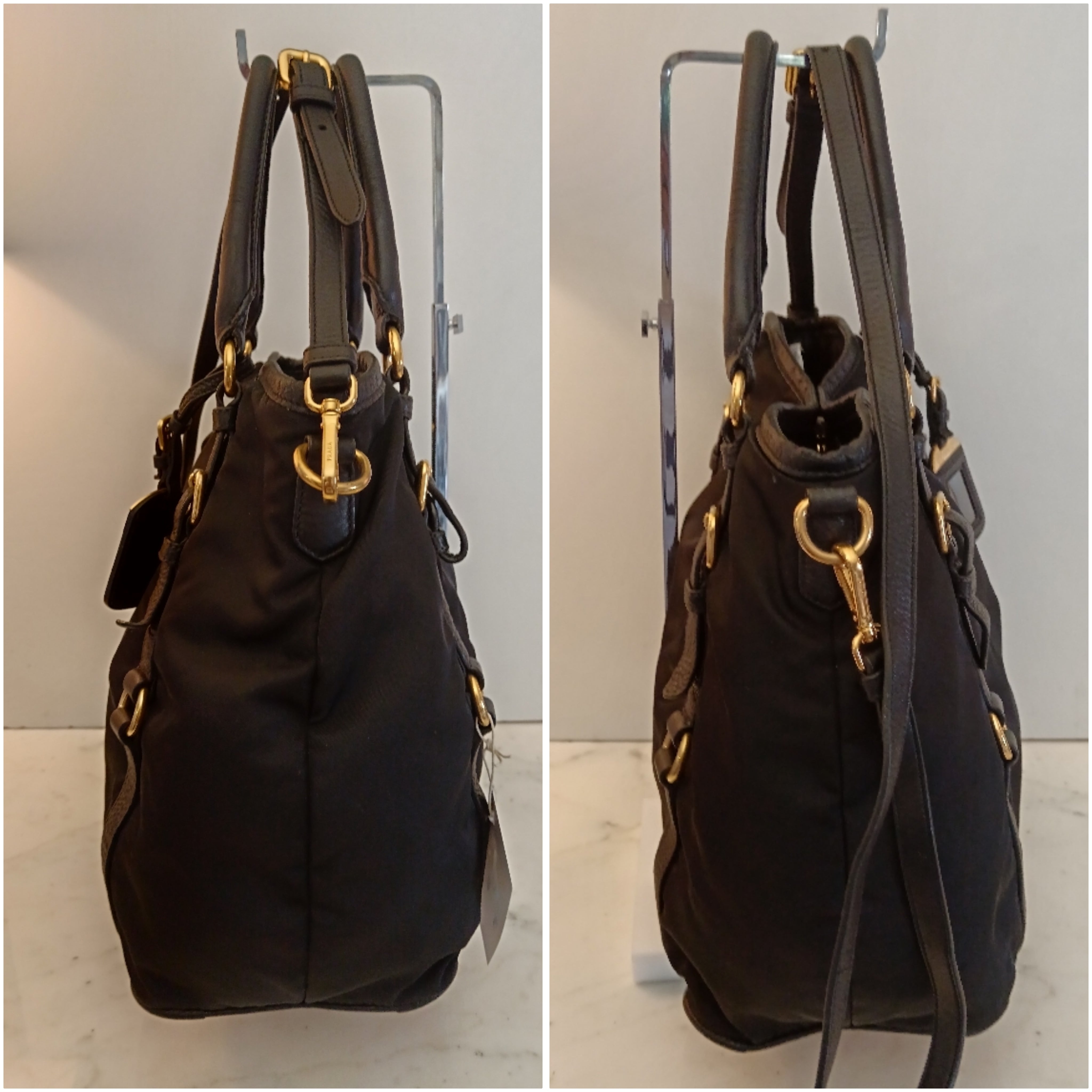 Prada - Tote Shopper Nylon Nero con Fasce in Pelle e Doppi Anelli