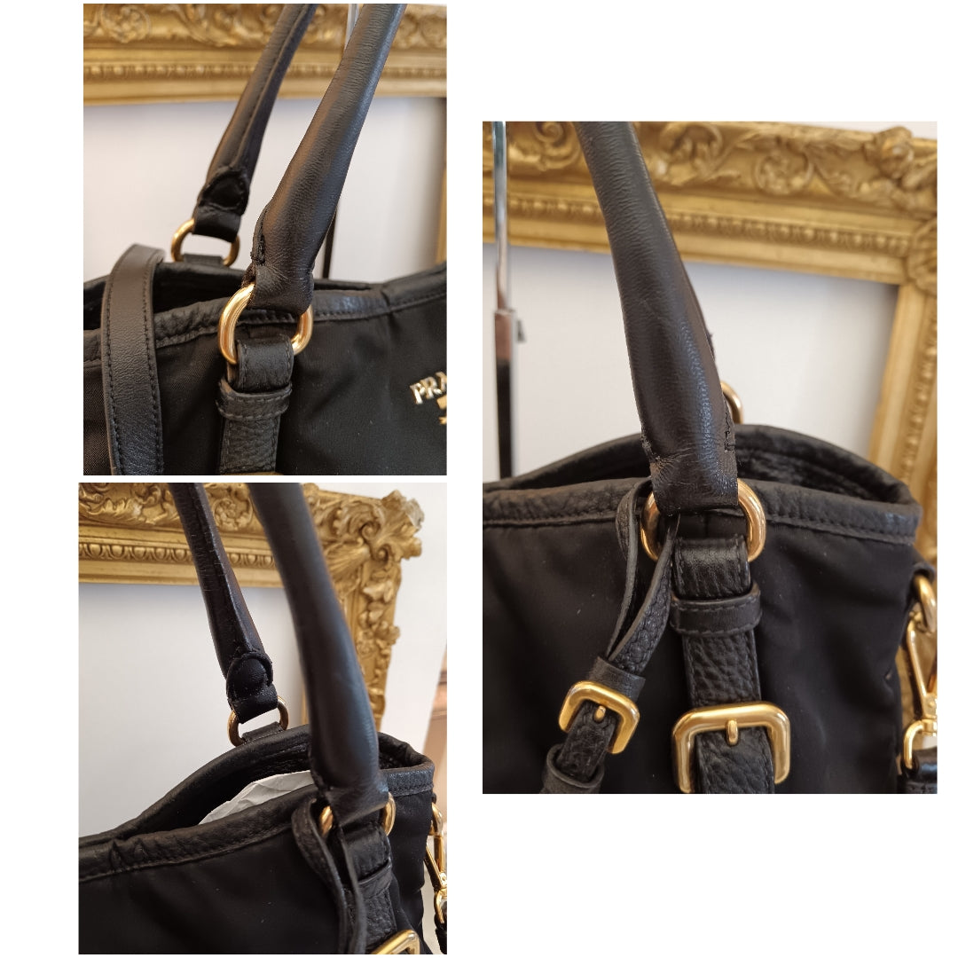 Prada - Tote Shopper Nylon Nero con Fasce in Pelle e Doppi Anelli