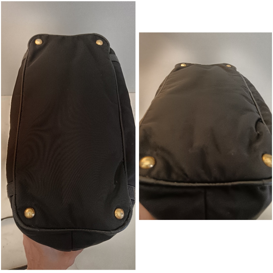 Prada - Tote Shopper Nylon Nero con Fasce in Pelle e Doppi Anelli