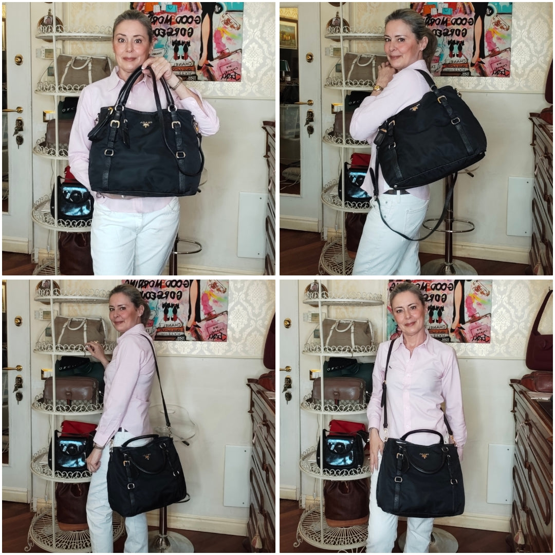 Prada - Tote Shopper Nylon Nero con Fasce in Pelle e Doppi Anelli