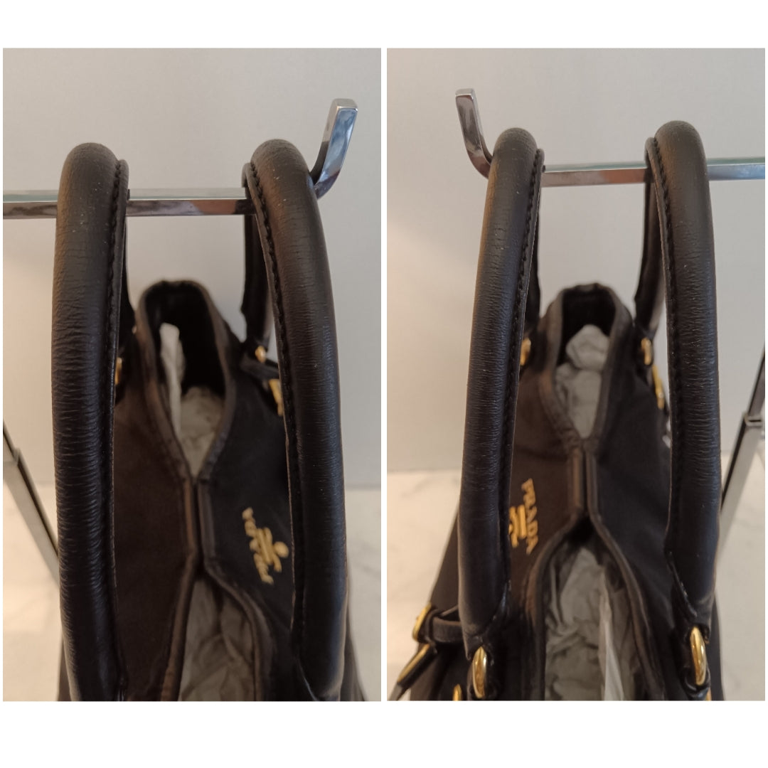 Prada - Tote Shopper Nylon Nero con Fasce in Pelle e Doppi Anelli