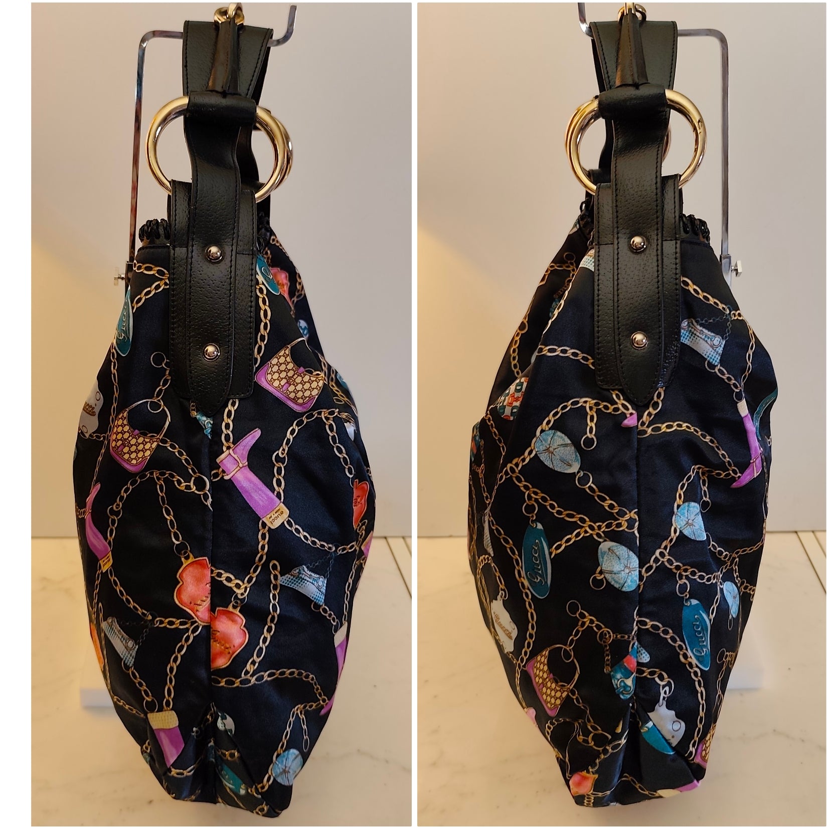 GUCCI - HORSEBIT BORSA HOBO IN TESSUTO NERO FANTASIA “CHARM’S & CHAIN”