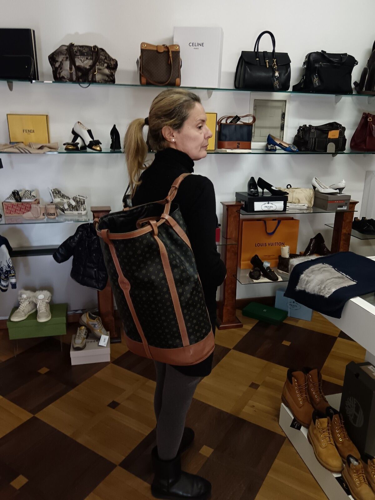 Pollini – Zaino Secchiello a Spalla Misura Gigante Pelle Monogram Vintage