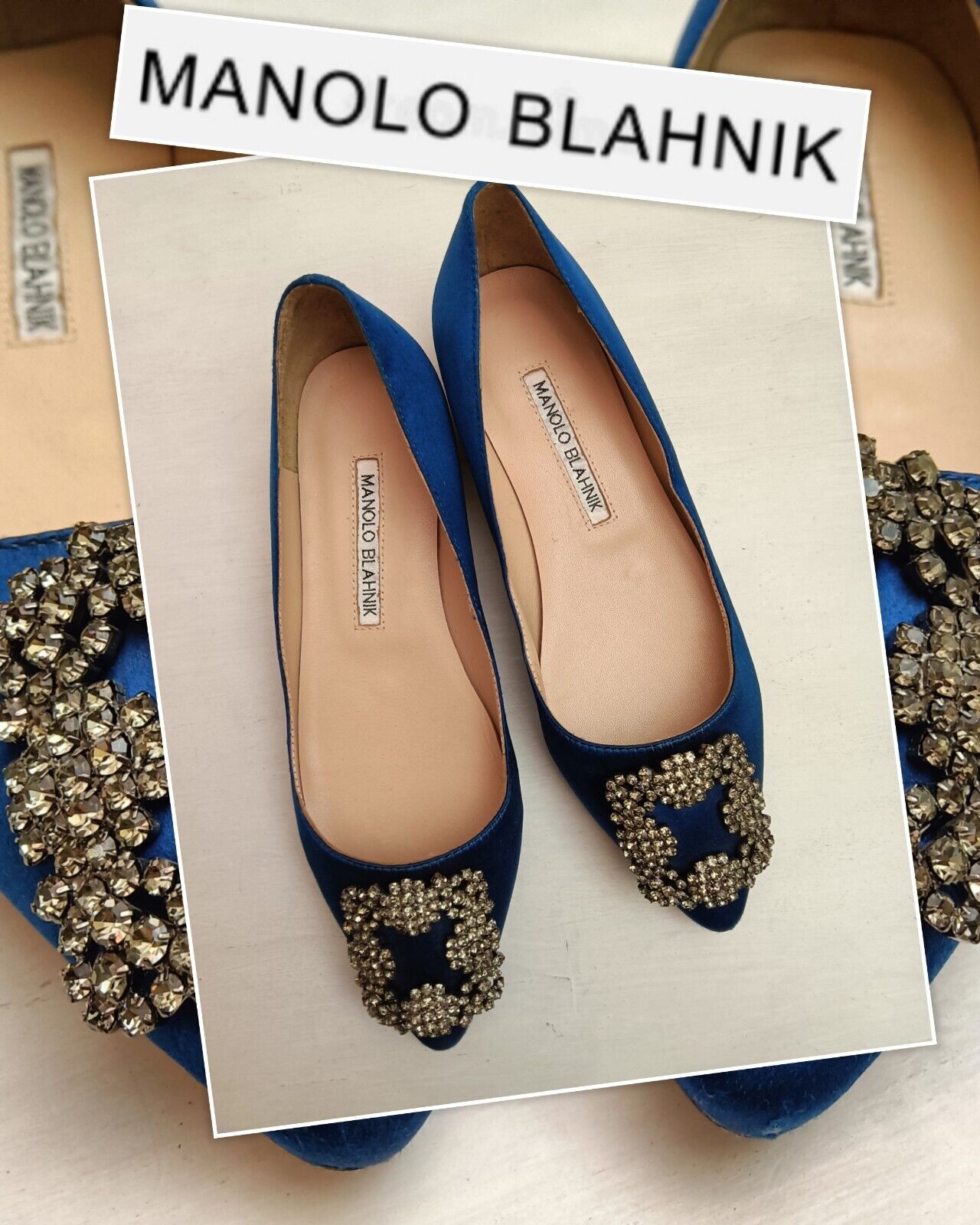 Manolo Blahnik – Ballerine Hangisi in Raso di Seta Blu Royal