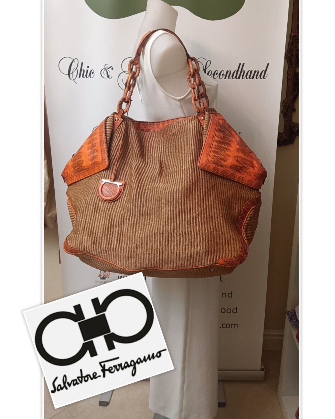 Ferragamo Salvatore - Borsa Shopper gigante in Rafia e vero Rettile