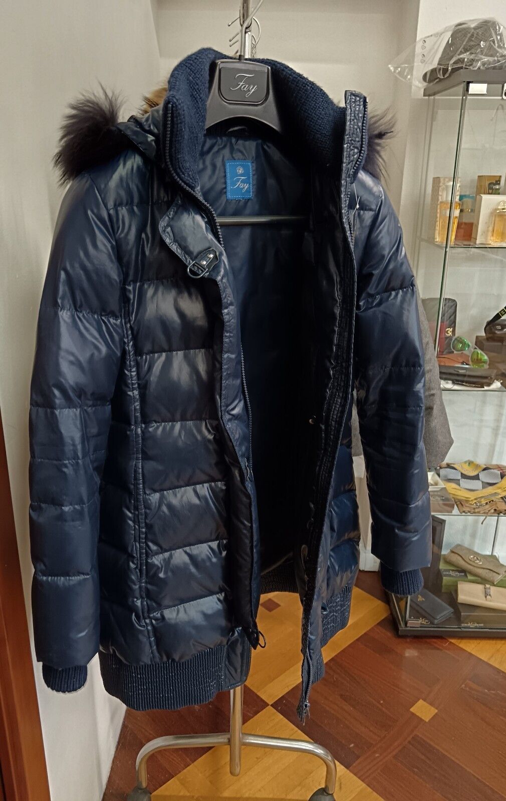 Fay – Piumino Piuma D’Oca Nylon Blu Cappuccio Pelo