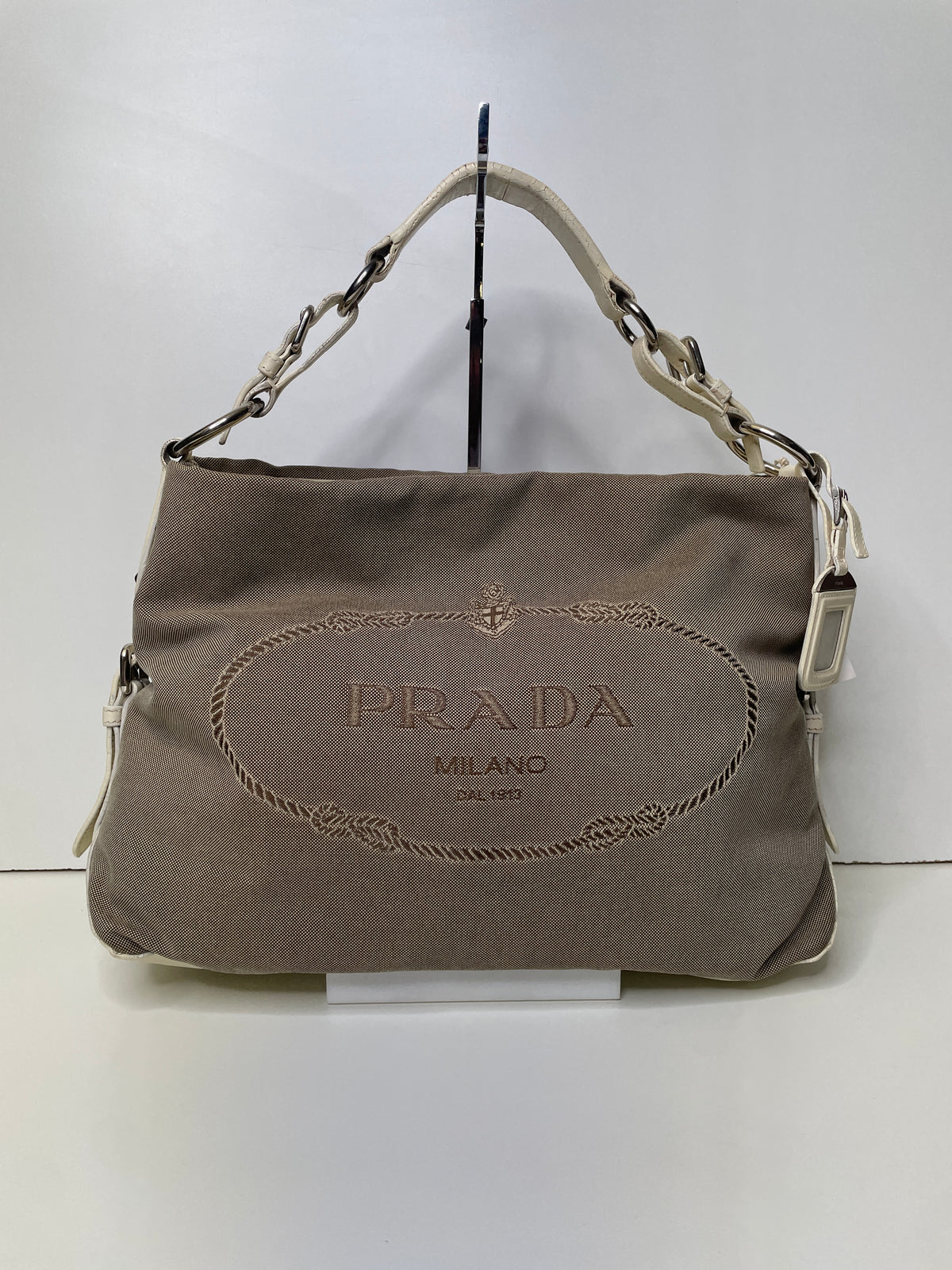 Prada - Hobo/Tote 2024 Logo Jacquard Canapa con Inserzioni in Pelle Bianca