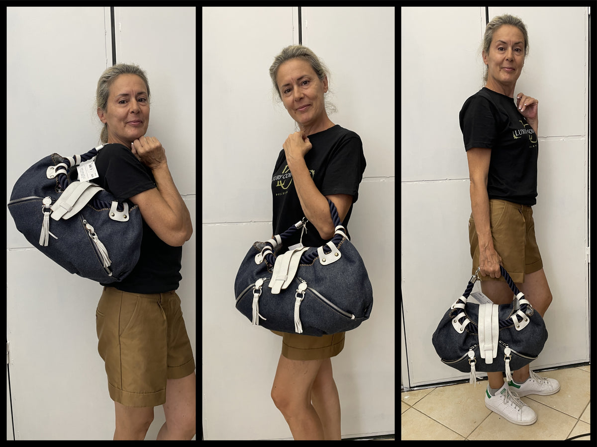 Ferragamo - Borsa a Spalla mod. "ROPE" denim blu con inserti in pelle bianca e manico corda