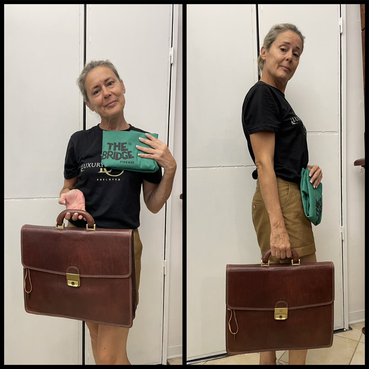 The Bridge - Cartella A Mano In Pelle Marrone Con Dustbag verde