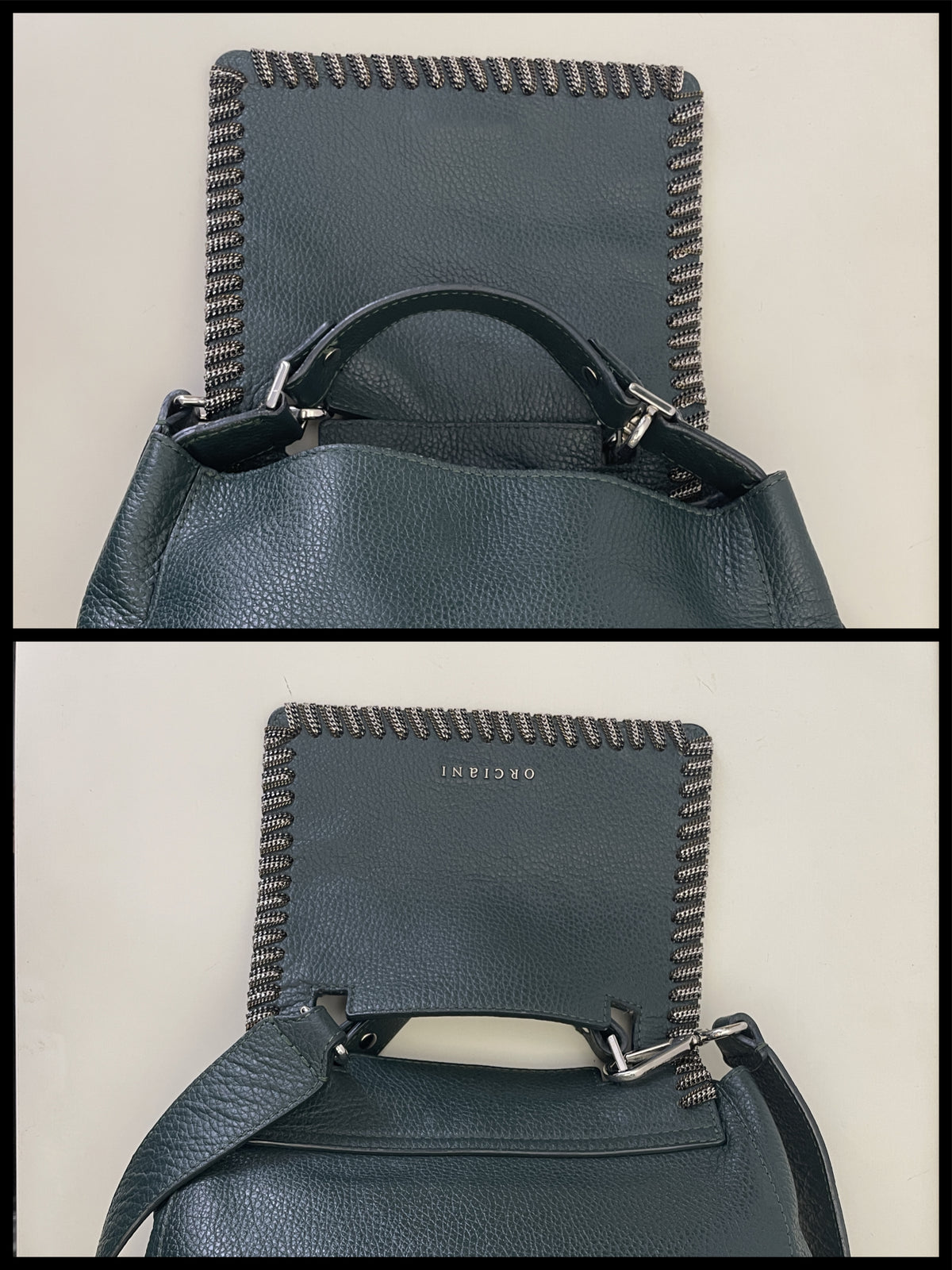 Orciani – Sveva Soft Piccola Pelle Verde Petrolio Con Inserti In Metallo