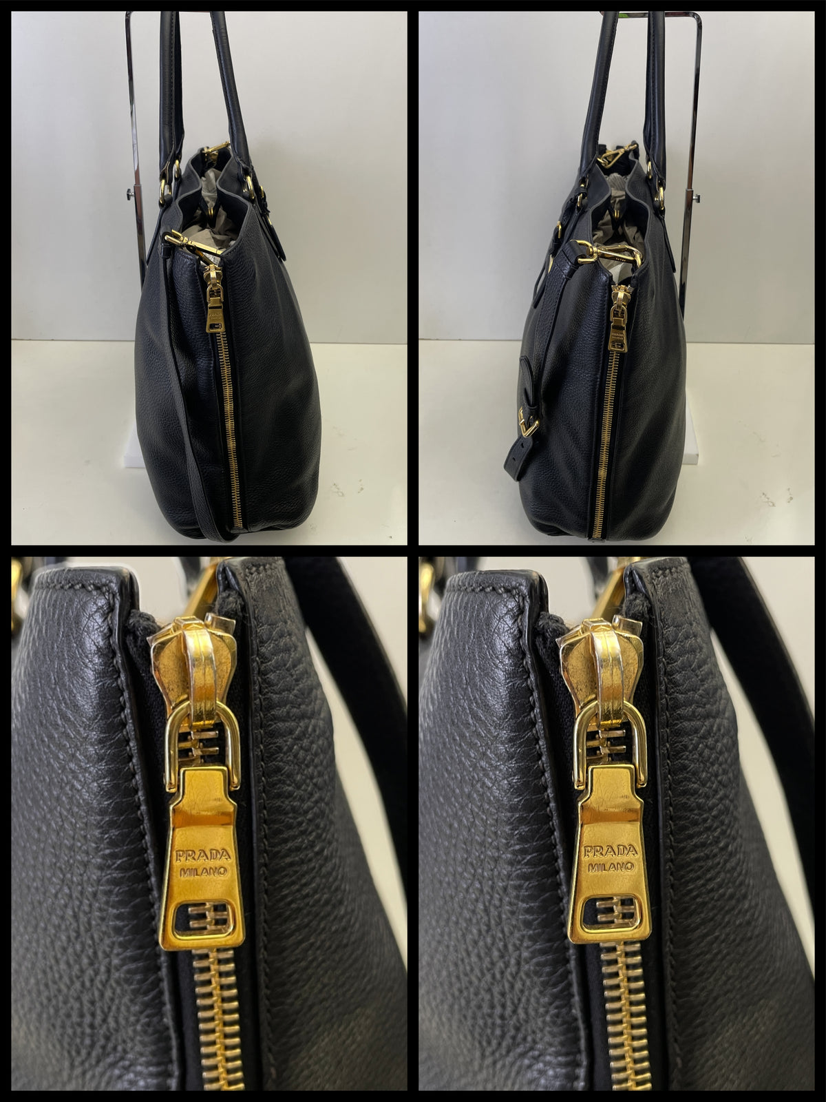 Prada - Shopper Espandibile in Pelle Martellata Nera Con Manici Corti