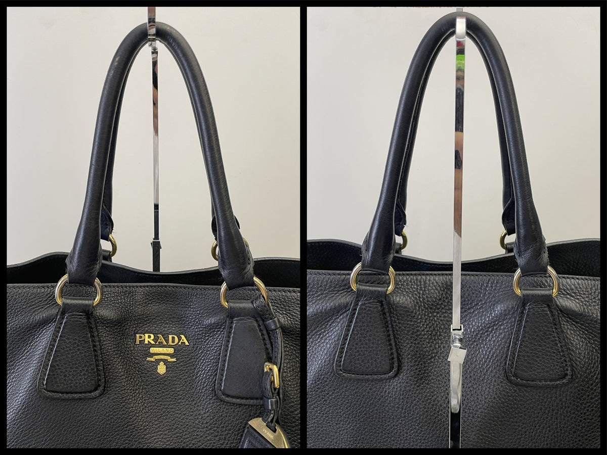 Prada - Shopper Espandibile in Pelle Martellata Nera Con Manici Corti