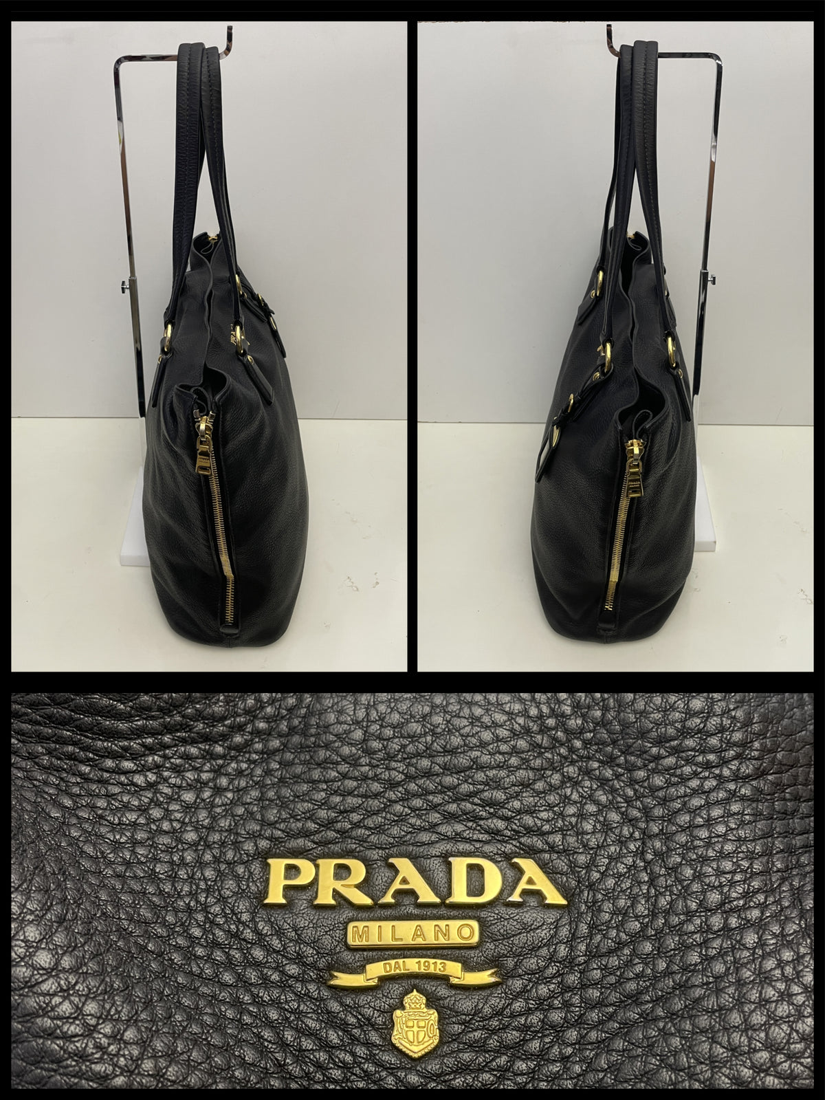 Prada - Shopper Espandibile in Pelle Martellata Nera