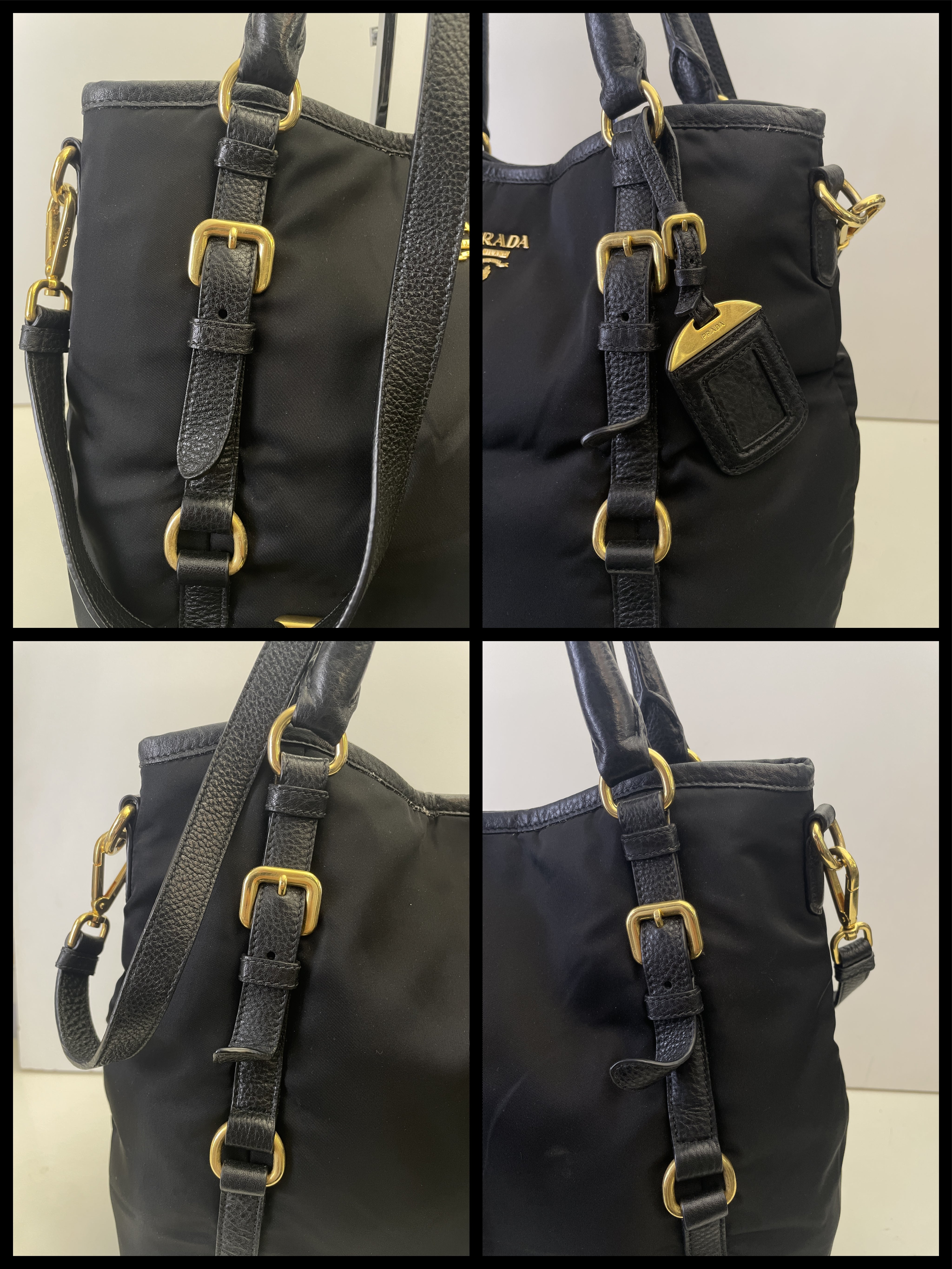 Prada - Tote Shopper Nylon Nero con Fasce in Pelle e Doppi Anelli FULL SET