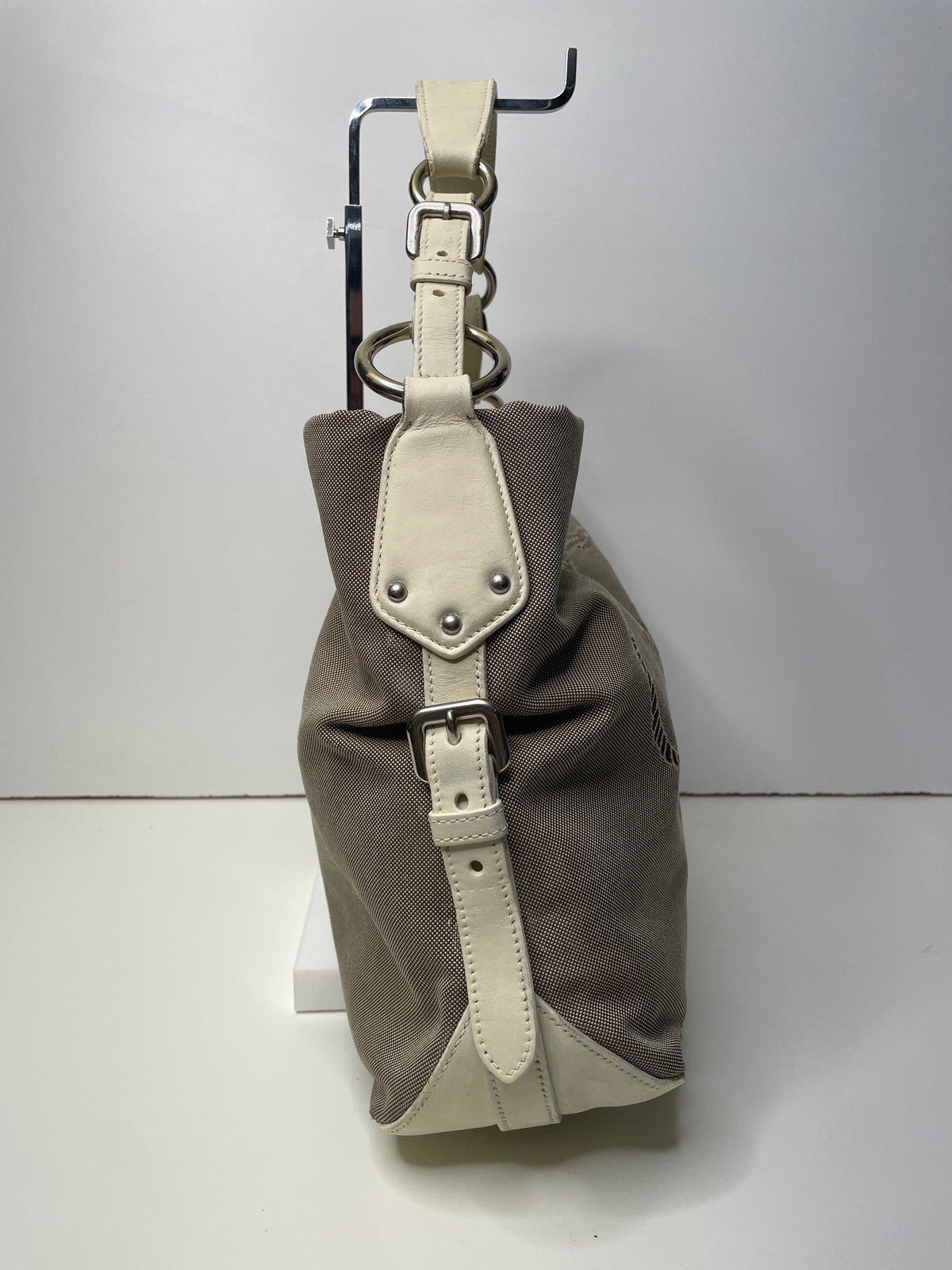 Prada - Hobo/Tote 2024 Logo Jacquard Canapa con Inserzioni in Pelle Bianca