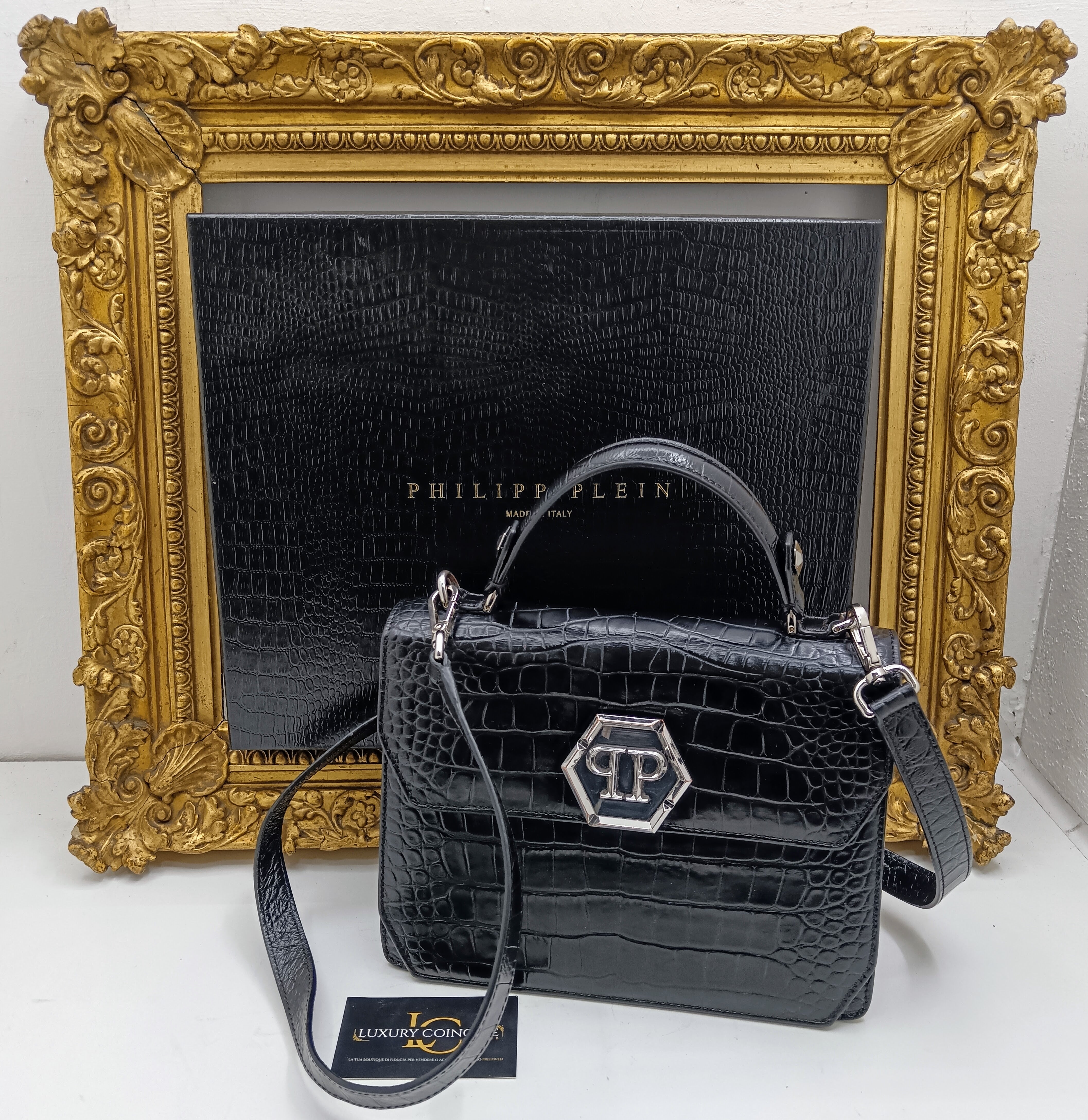 Philipp Plein – Hexagon Tote Bag stampa coccodrillo nero