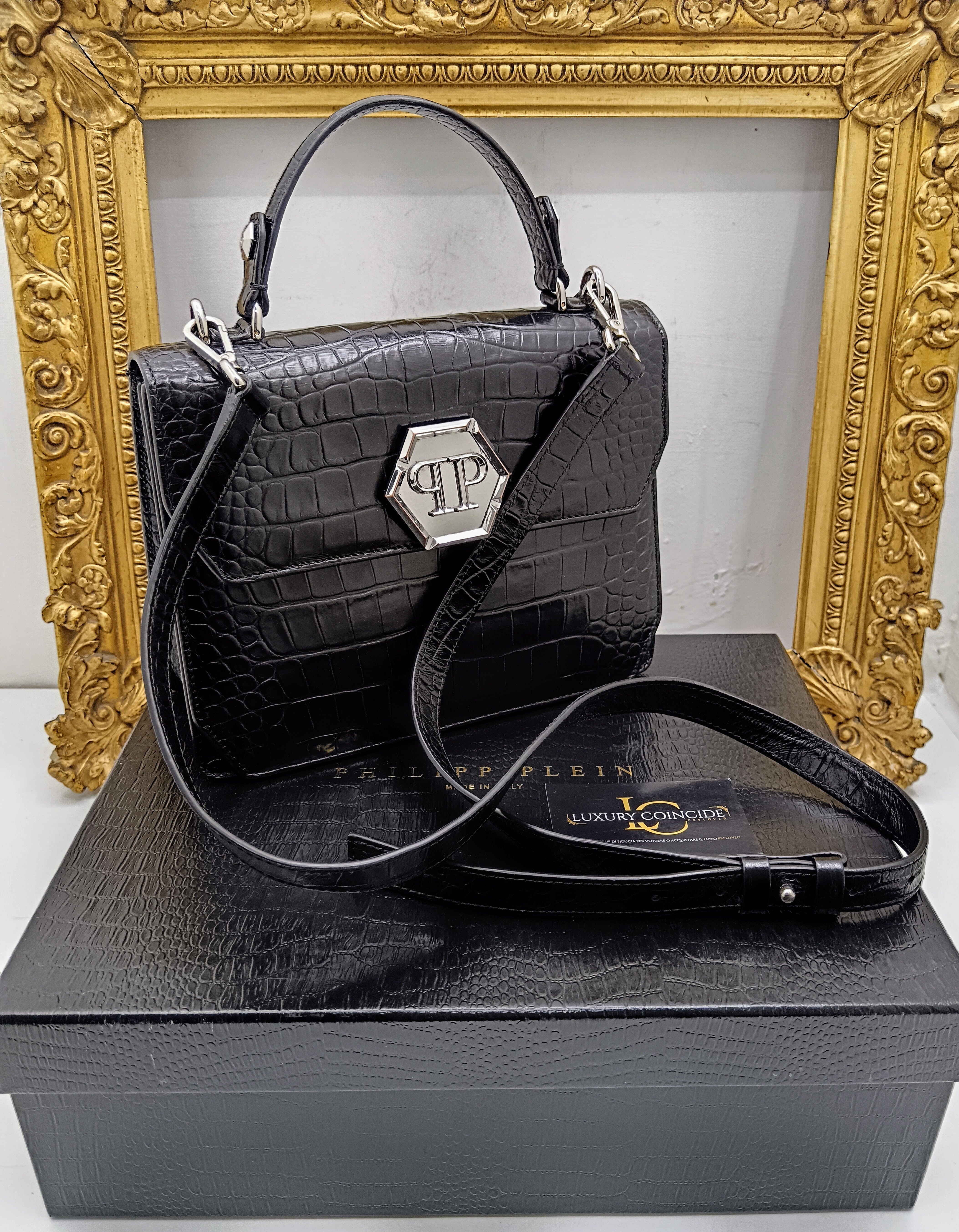 Philipp Plein – Hexagon Tote Bag stampa coccodrillo nero